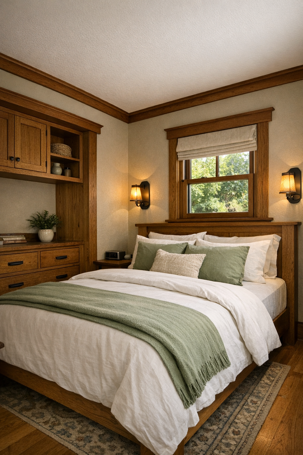 Serene small bedroom with sage tones, layered bedding, and built-in storage