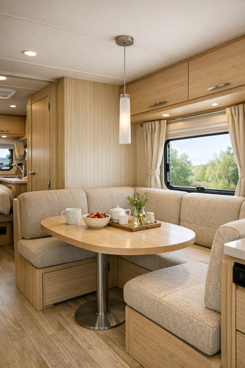 Compact RV dining nook with banquette seating and rounded wood table