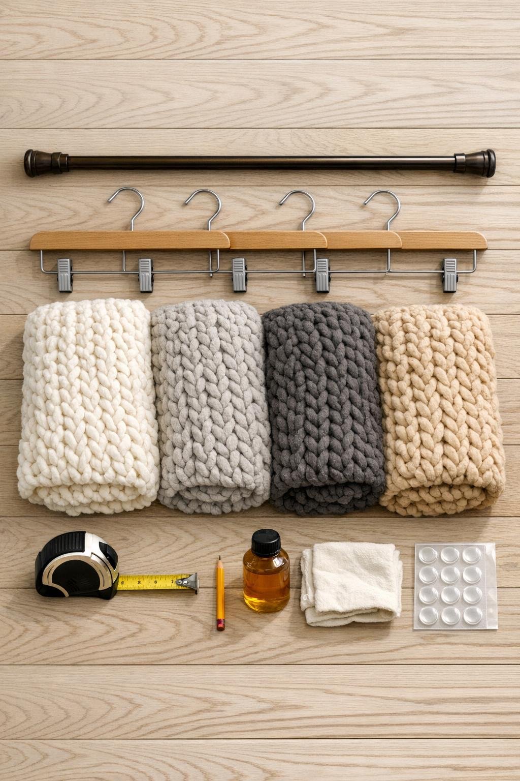Materials for a blanket hanger storage project laid out neatly