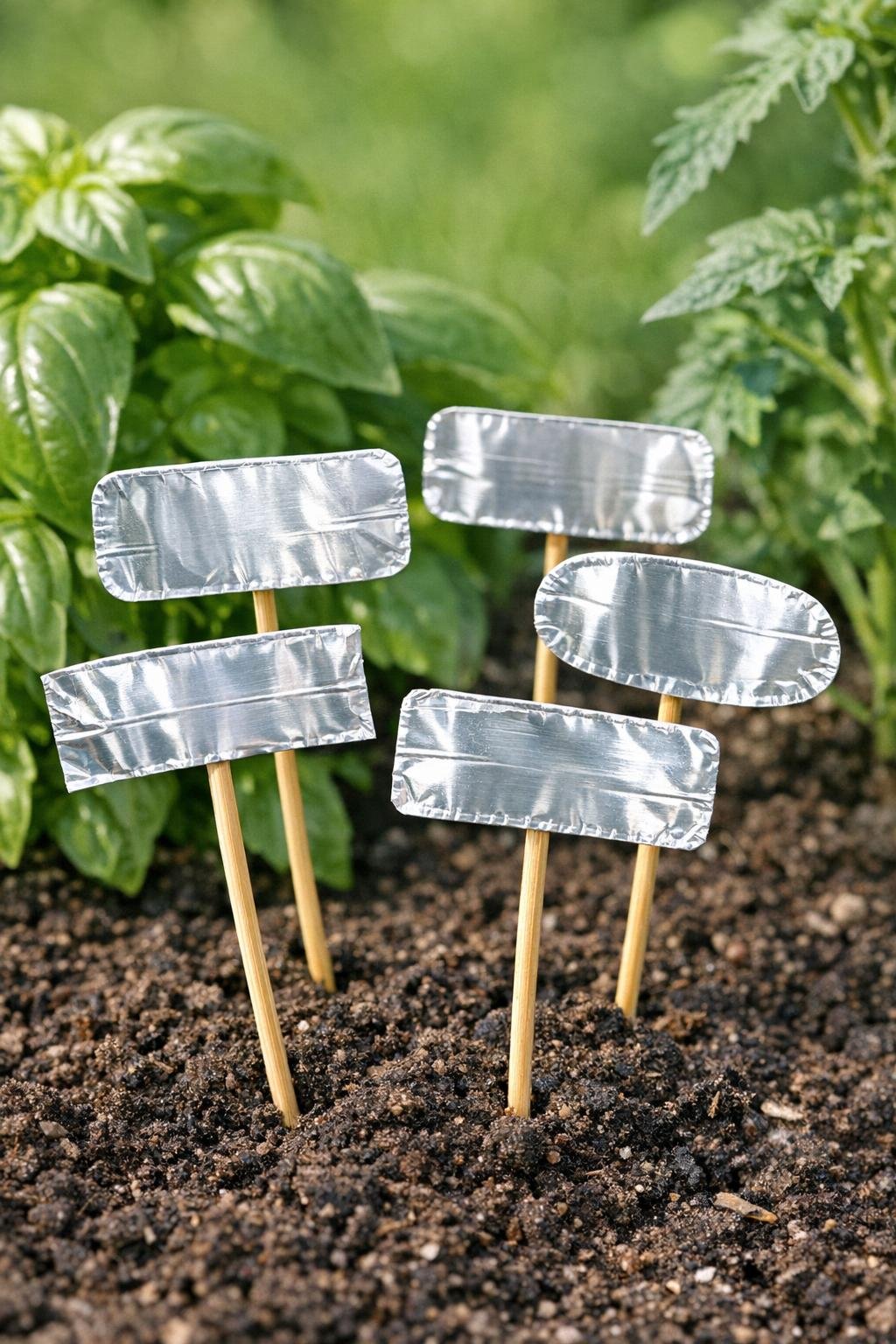 Finished aluminum pie tin plant label stakes in a garden bed