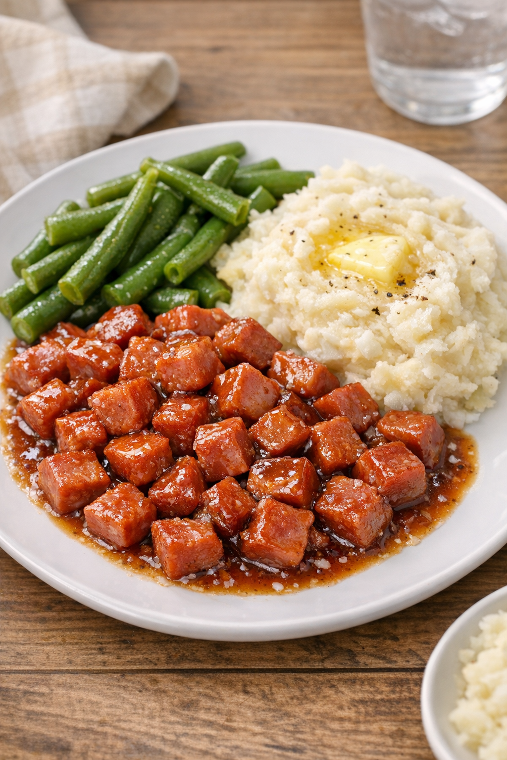 Finished slow cooker diced ham plated with sauce