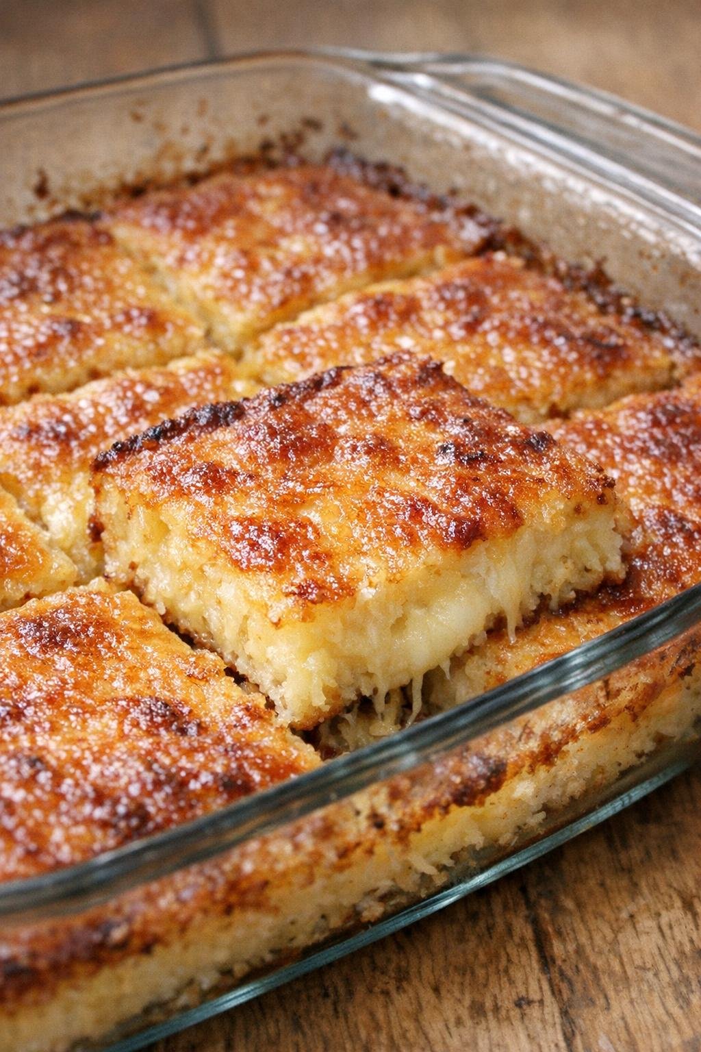Southern 4-ingredient cheesy lunchroom squares in a glass casserole dish