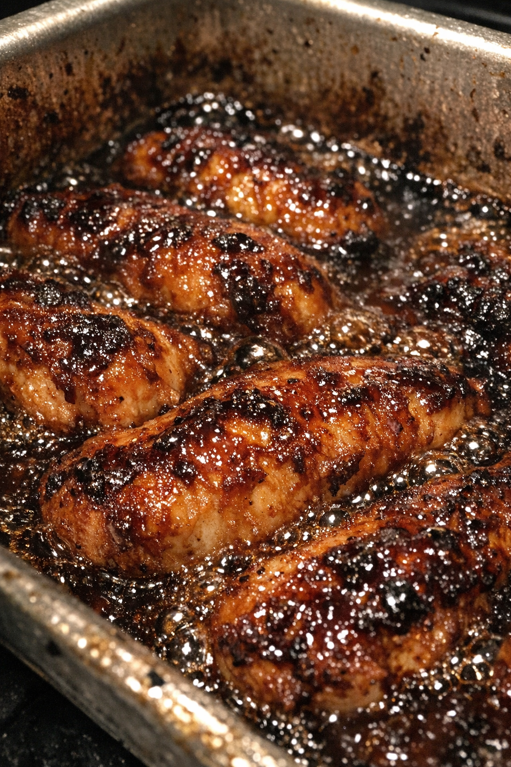 Bubbling glazed chicken tenders in a metal baking pan