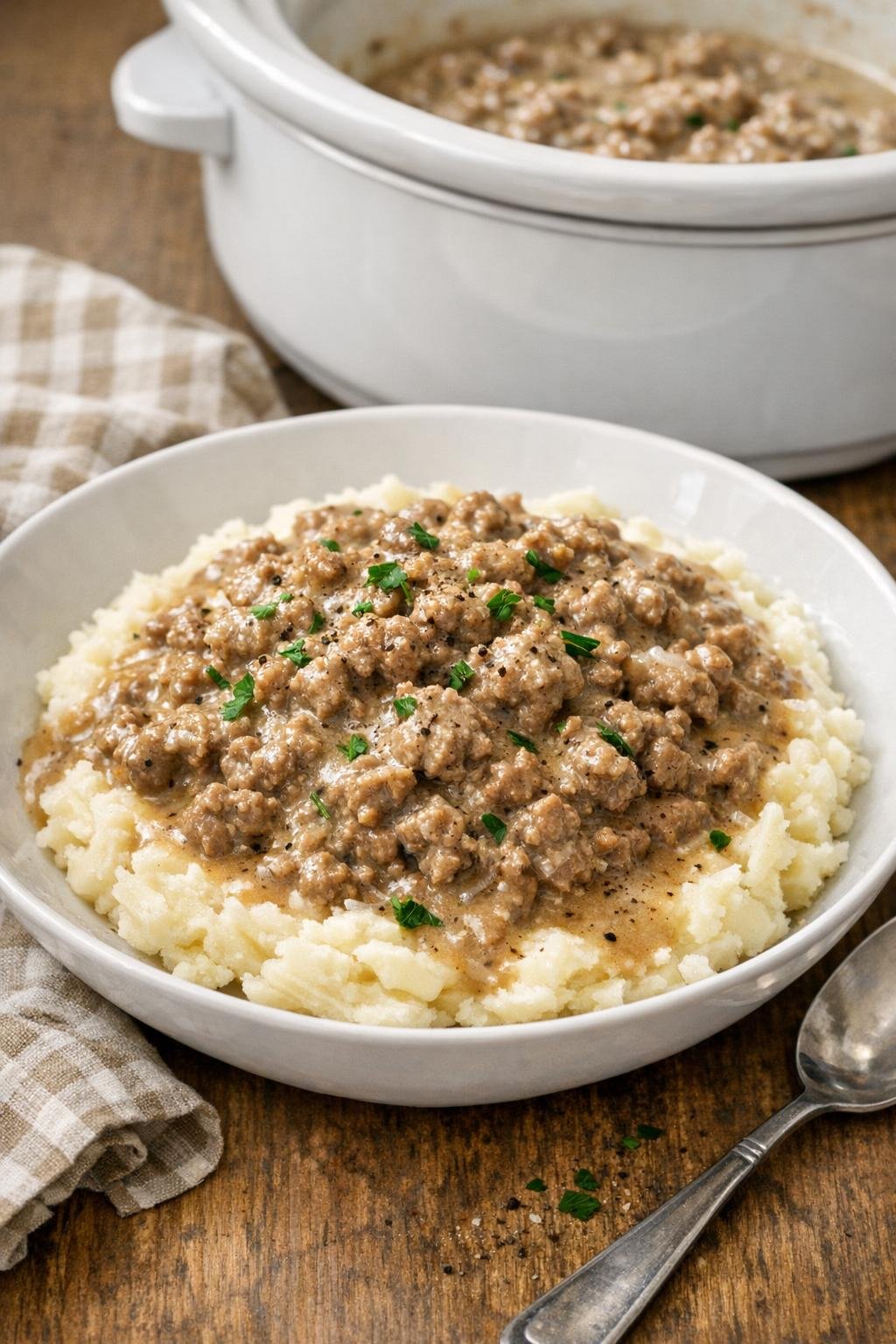 Finished creamy country ground beef plated over mashed potatoes