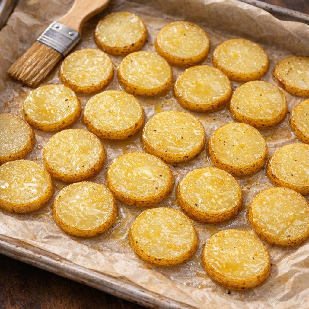 Cooked potato rounds arranged on a baking sheet before broiling