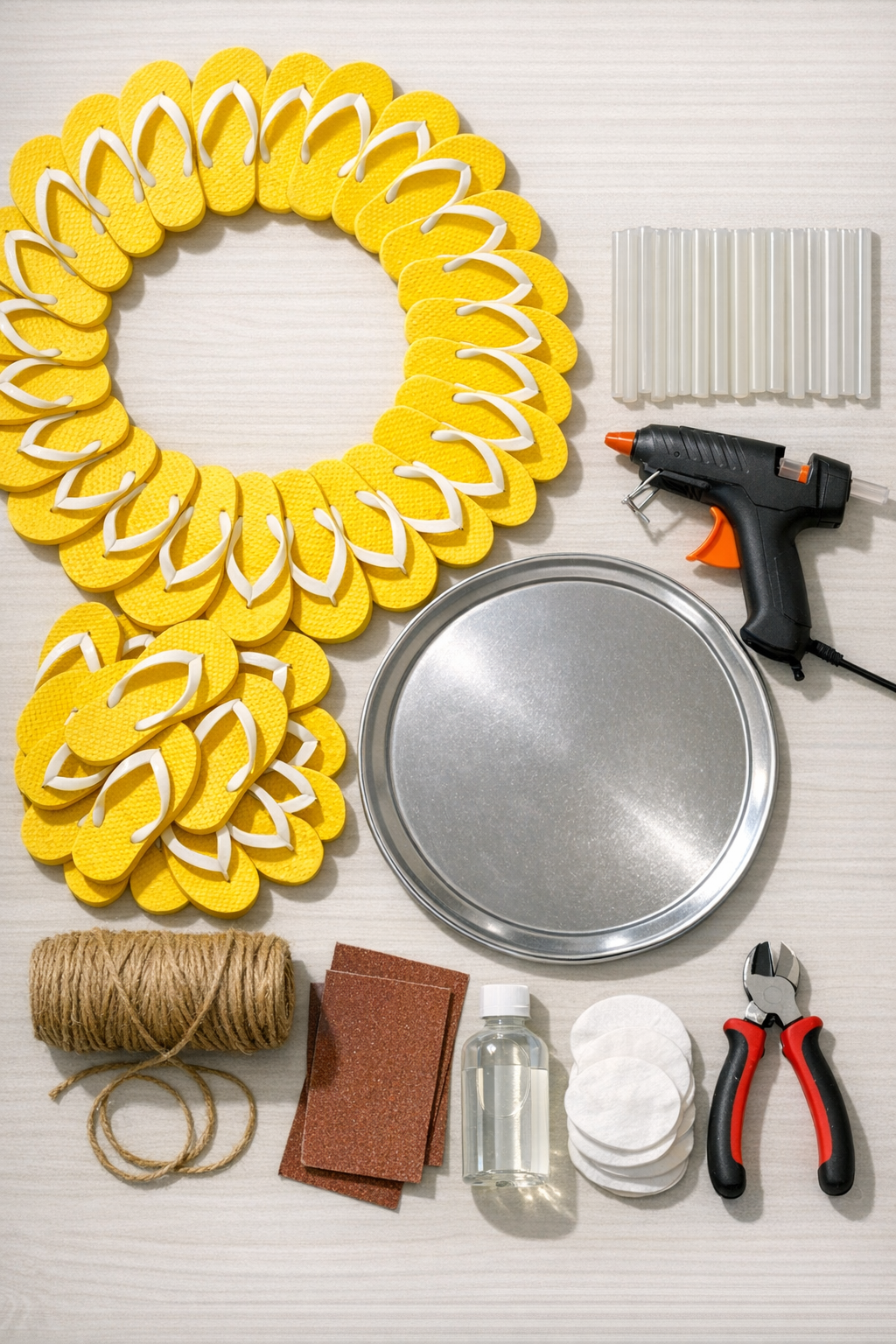 All materials for the yellow flip flop sun wreath laid out neatly