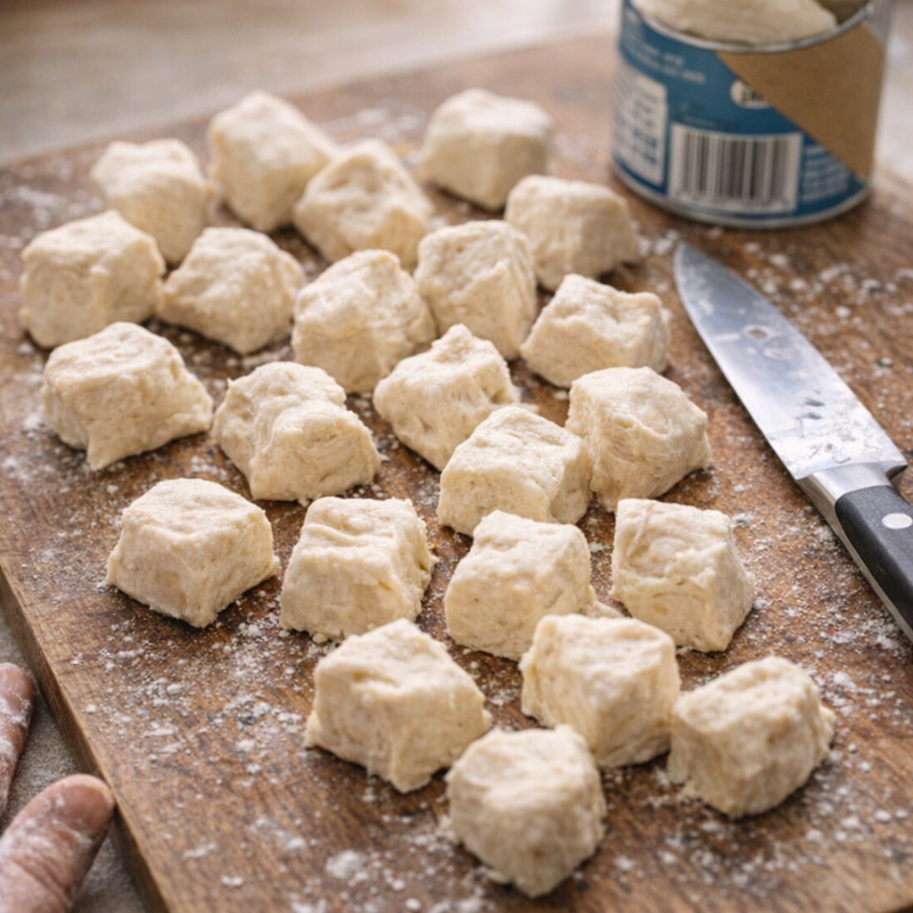 Cut biscuit dough pieces ready for dumplings