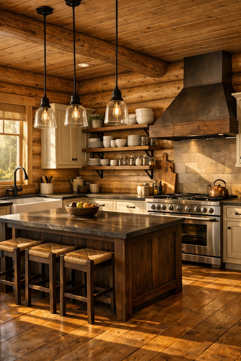 Country log home kitchen with cream cabinets and wood island
