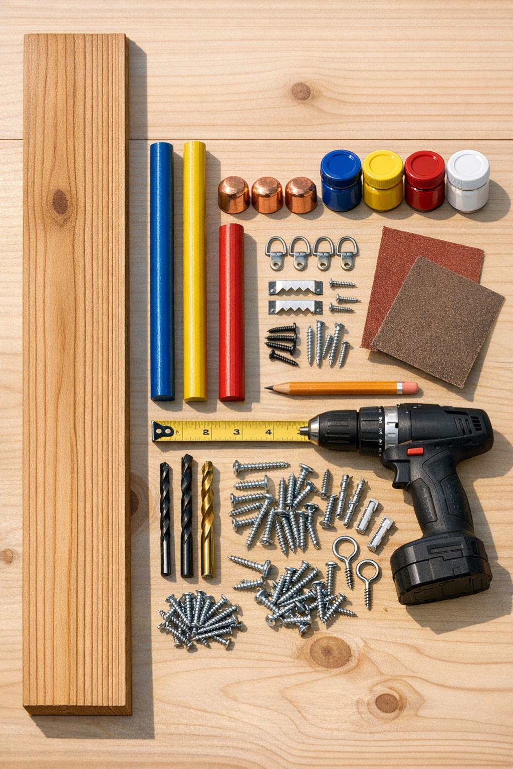 Materials for an outdoor wine rack laid out on a work surface