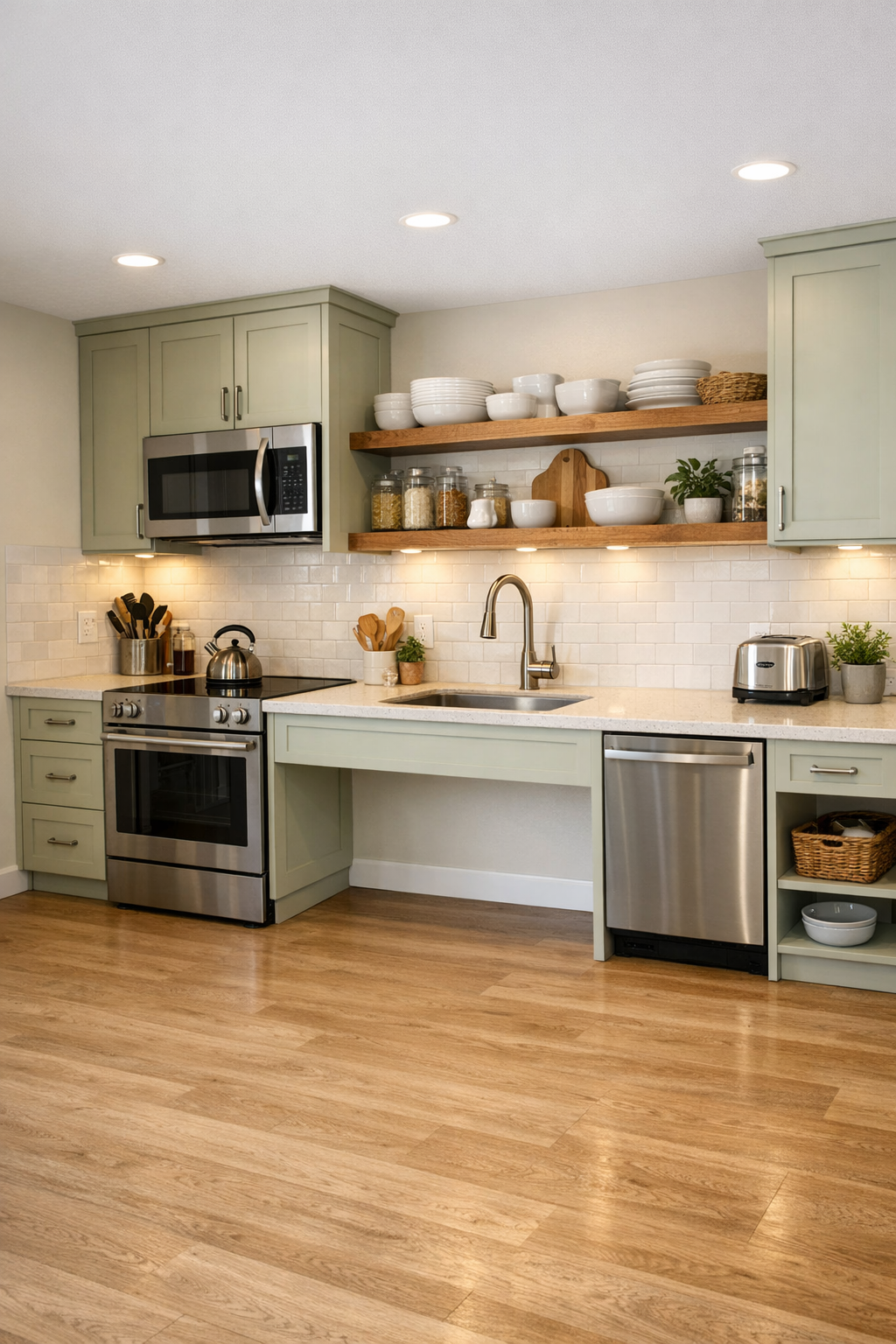 Honeydew tiny home kitchen with quartz counters and accessible layout