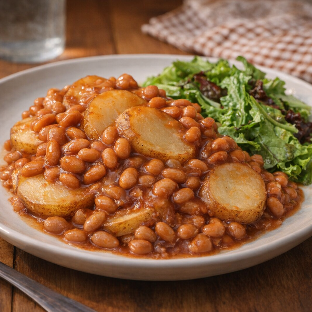 Serving of baked bean potato casserole on a plate with salad on the side