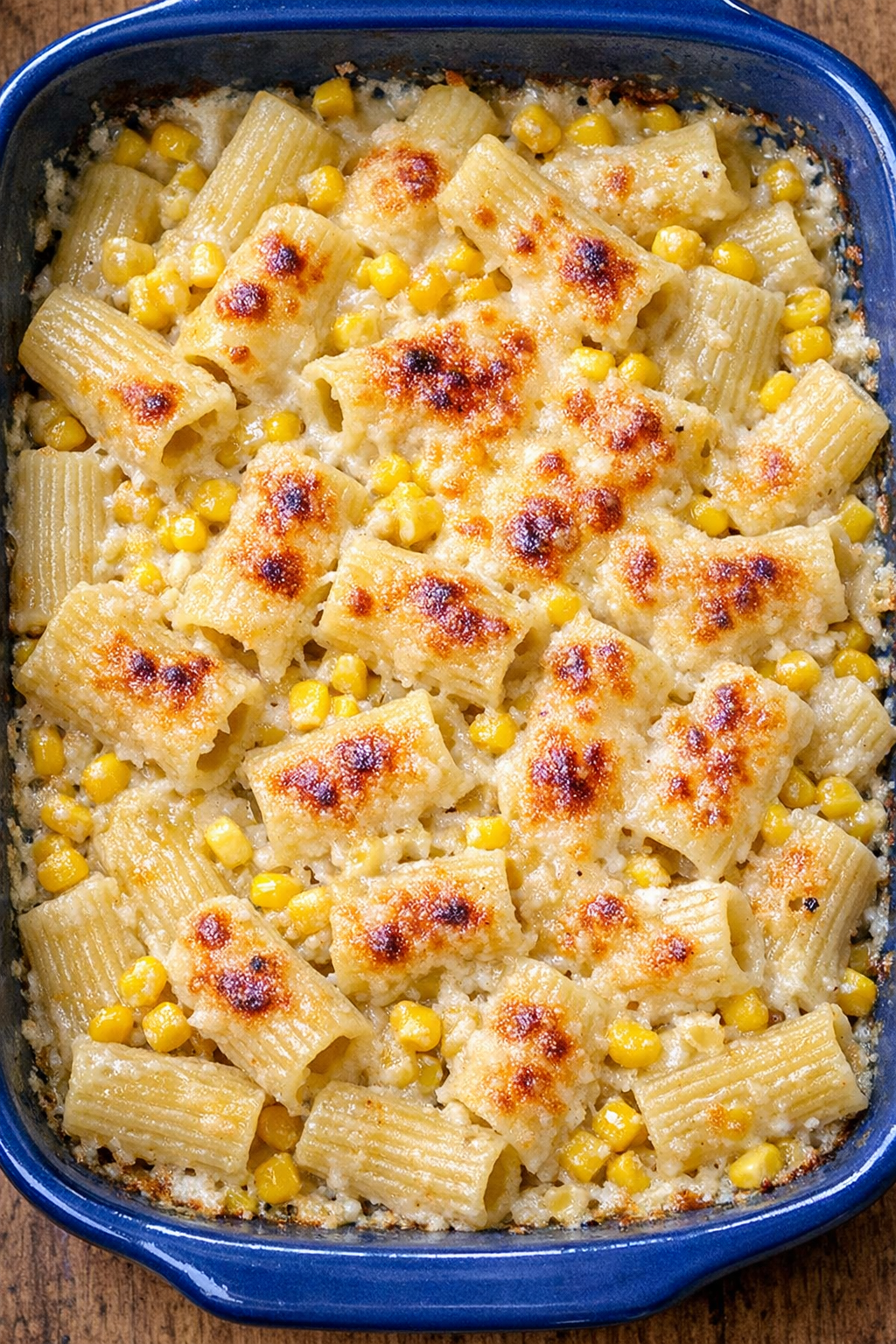 Creamy baked corn rigatoni in a blue ceramic baking dish