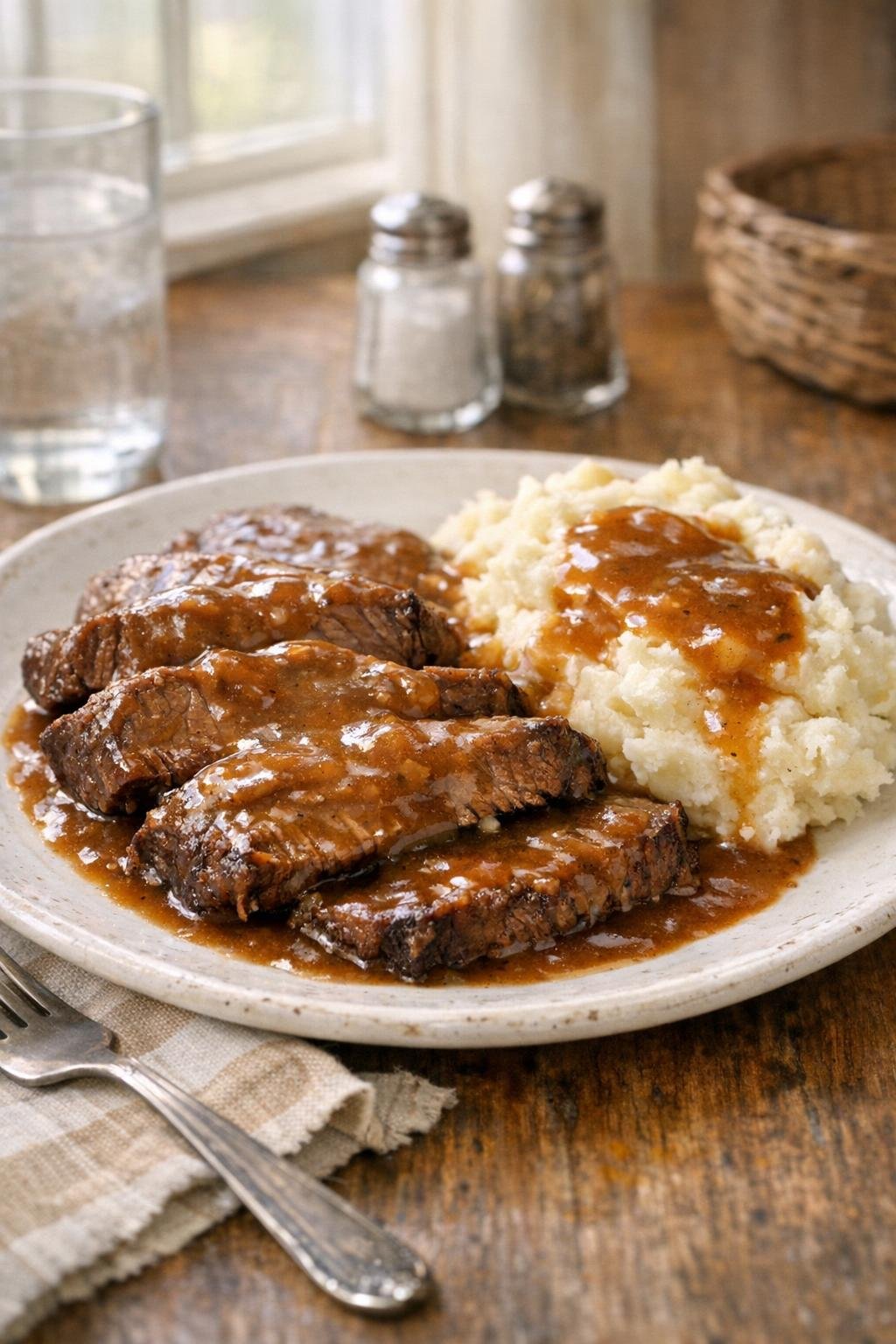 Finished plated beef slices with gravy and mashed potatoes