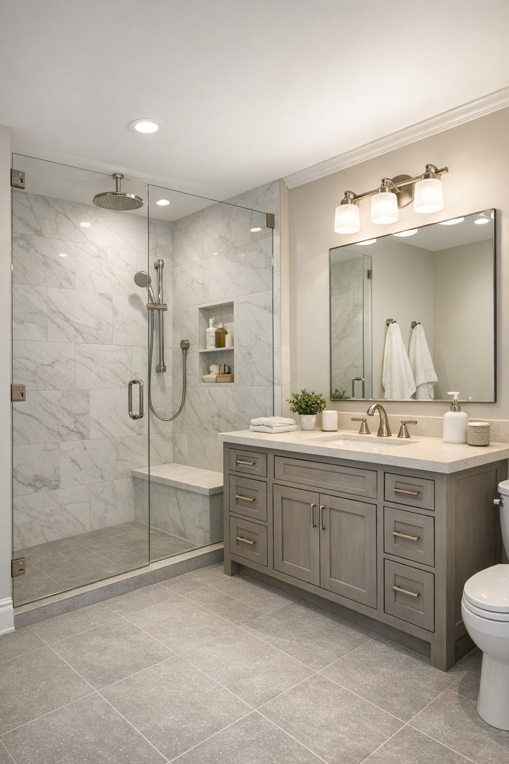 Elegant barrier-free bathroom with curbless shower, pale stone vanity, and soft marble-look tile