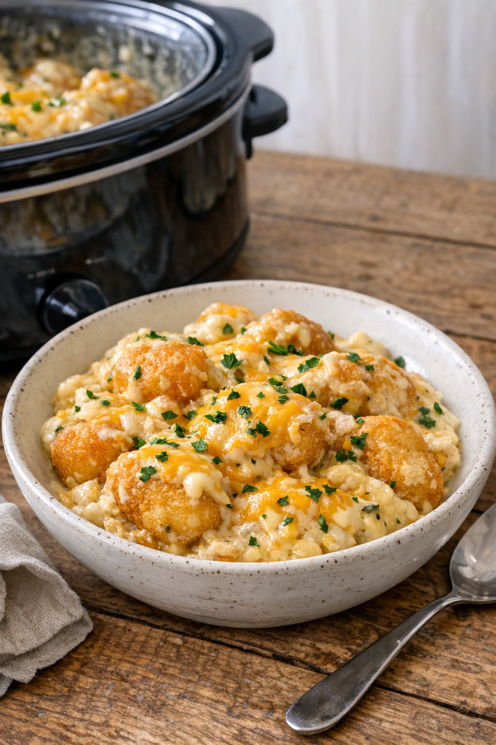 Finished cheesy slow cooker potato croquettes casserole