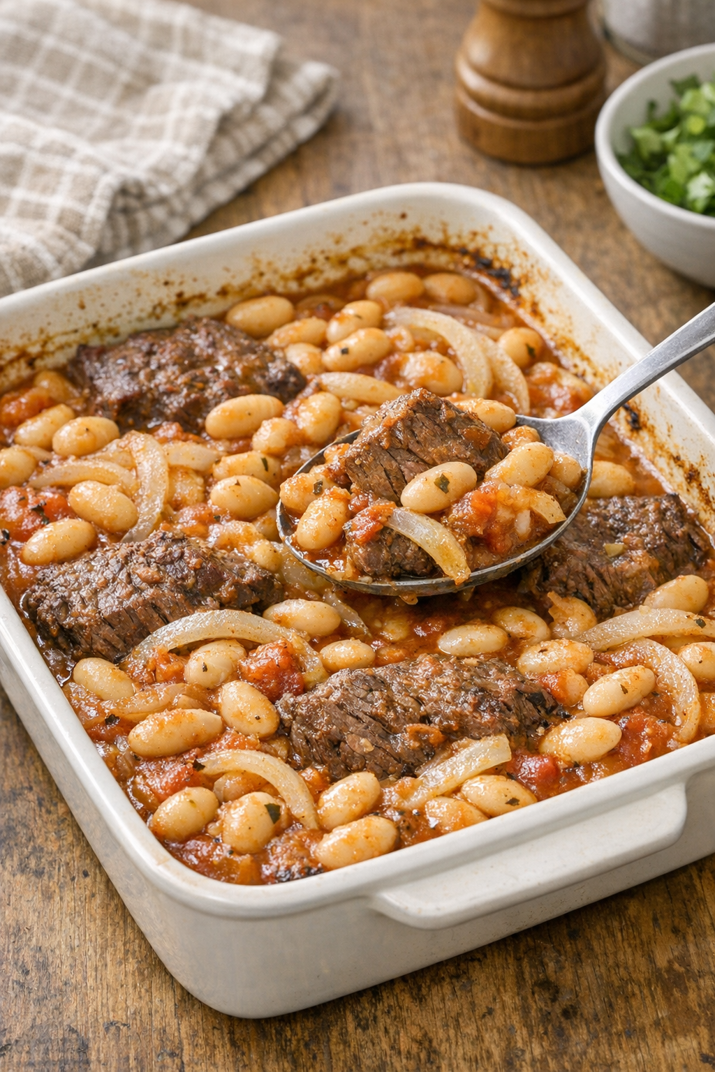 Finished baked beef and great northern bean casserole in a rustic baking dish