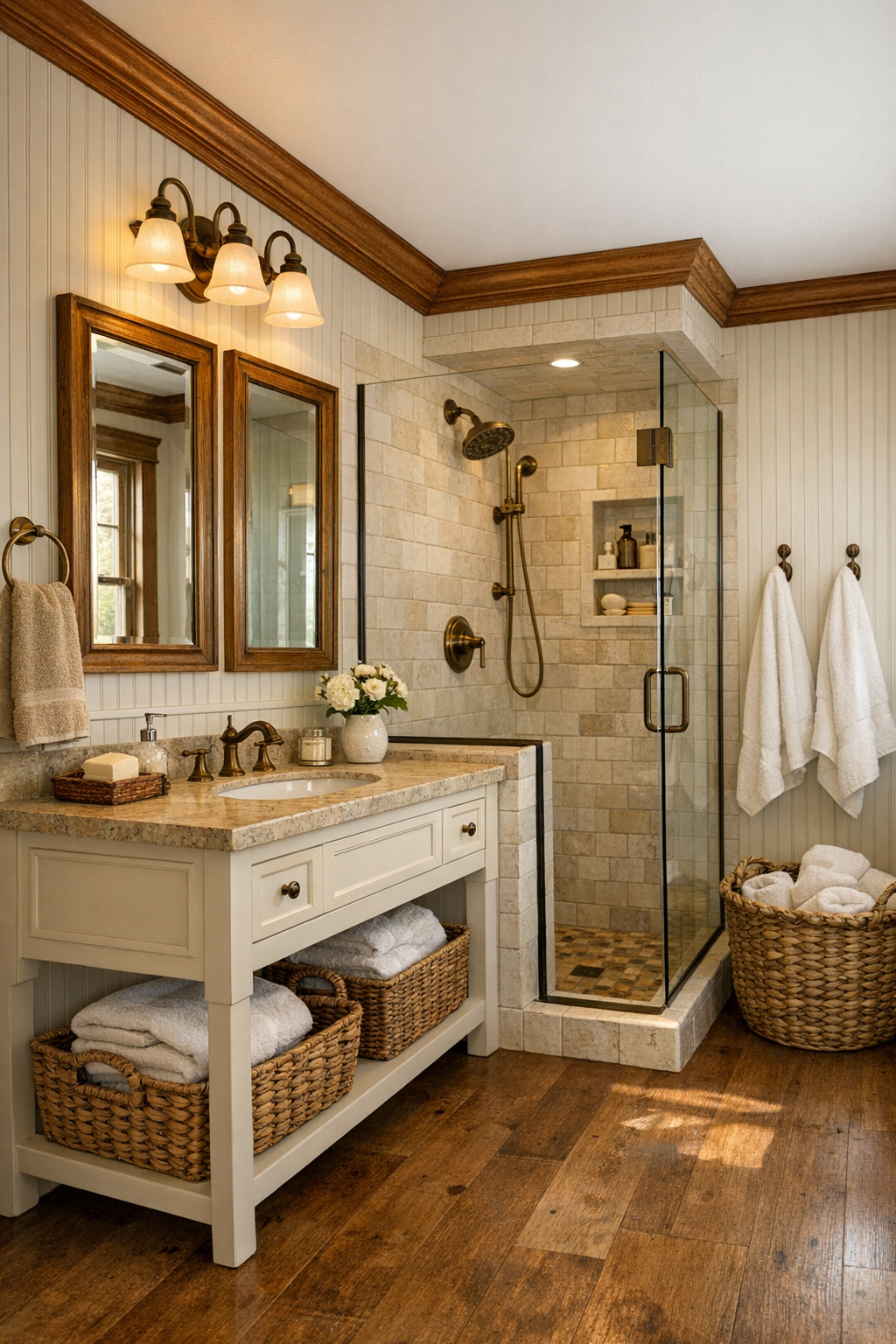 Warm rustic bathroom with painted vanity and tiled walk-in shower