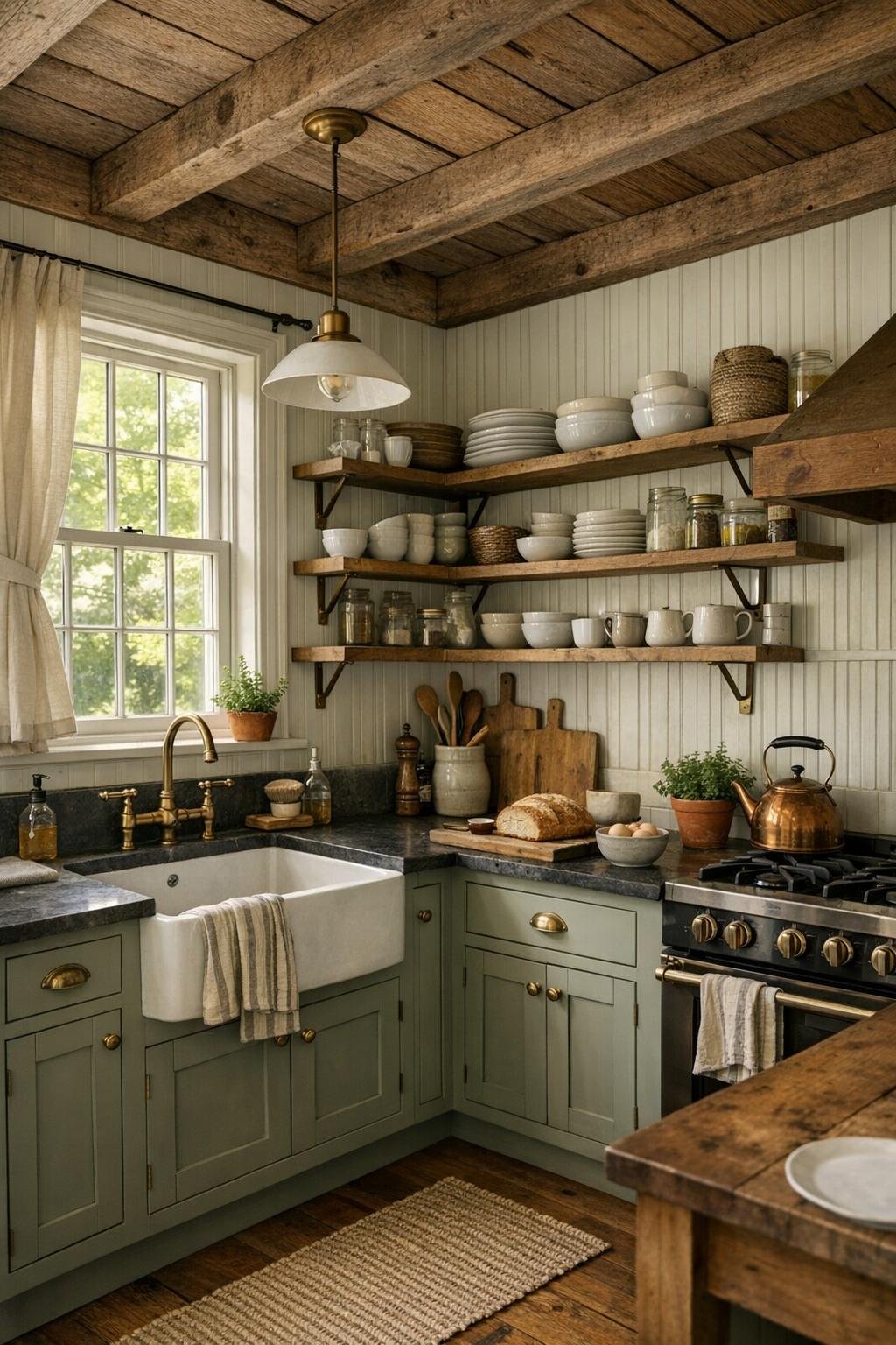 Warm cottage kitchen with painted cabinets and apron-front sink