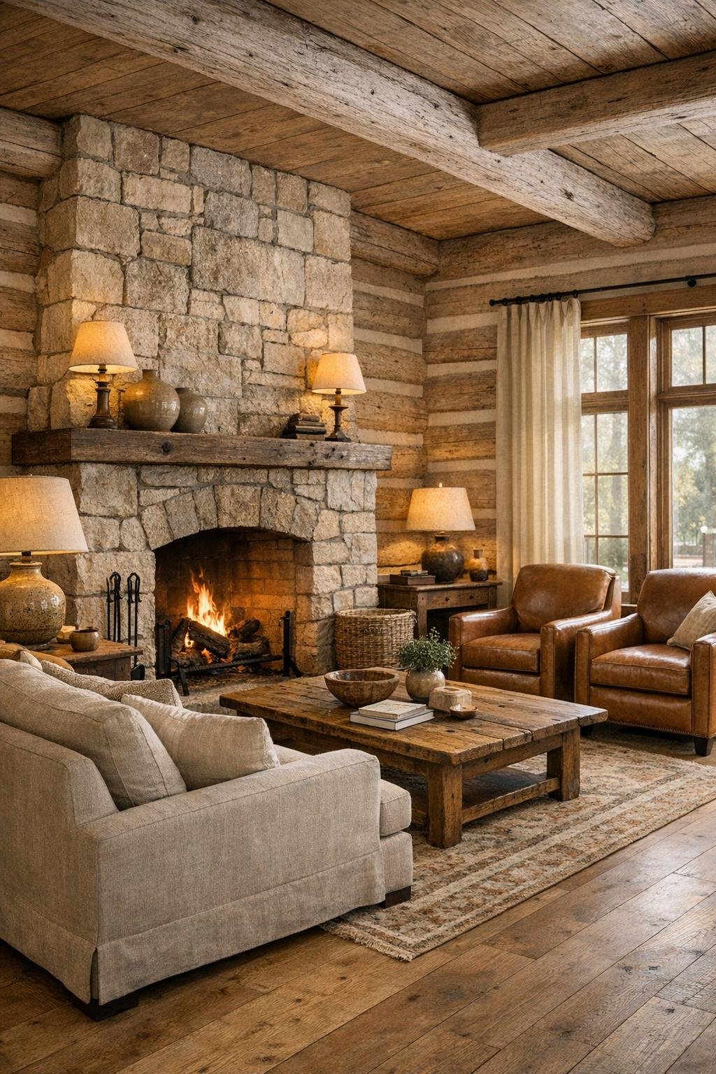 Living room with pale log walls, limestone fireplace, linen sofa, and white oak floors