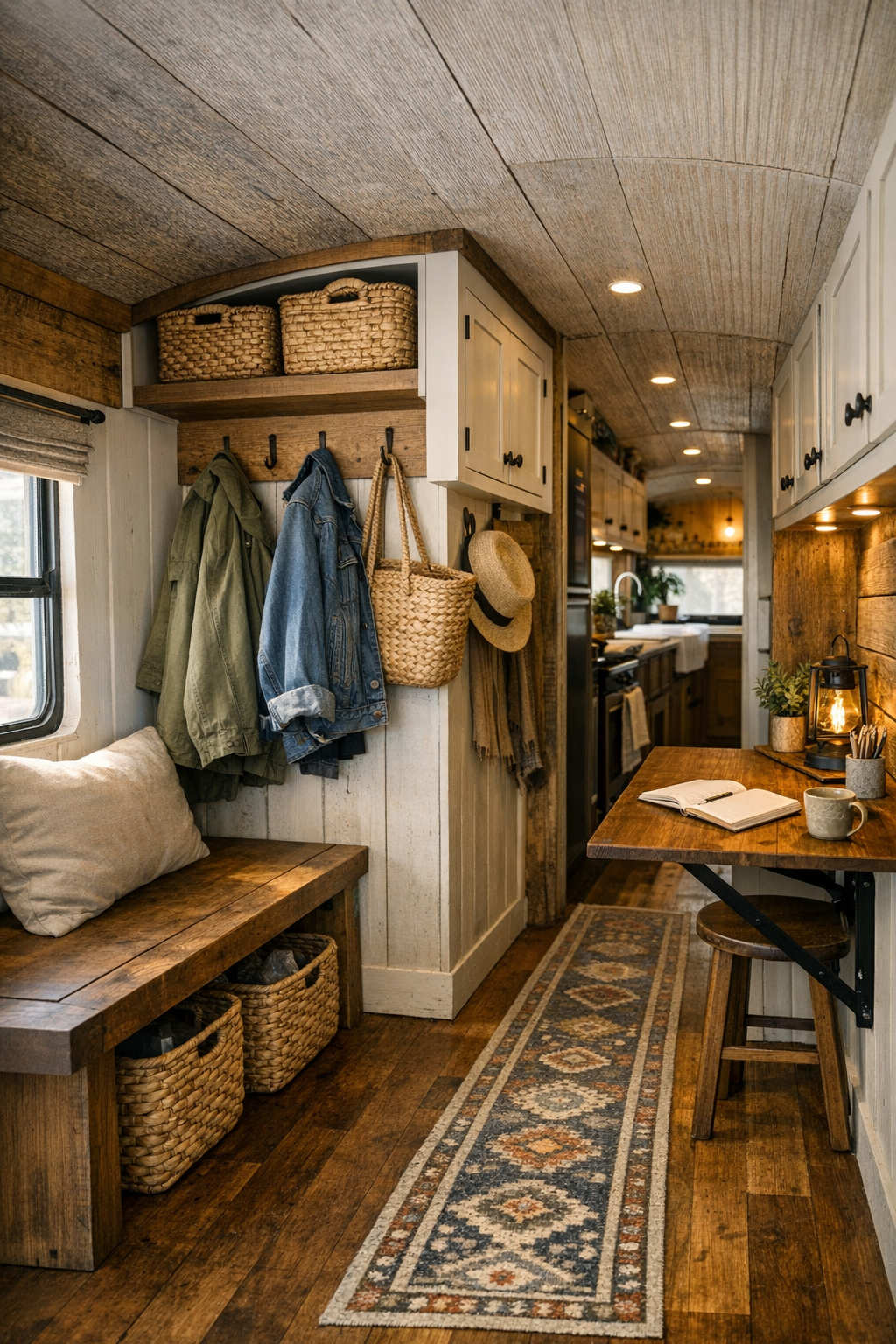 Functional bus entry and utility nook with storage, hooks, and rustic details