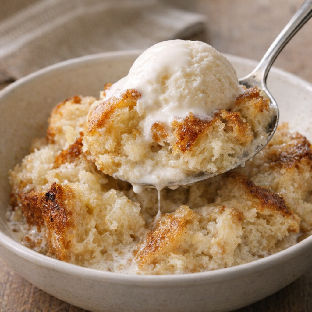 Served spoonful of baked torn bread dessert with melting ice cream