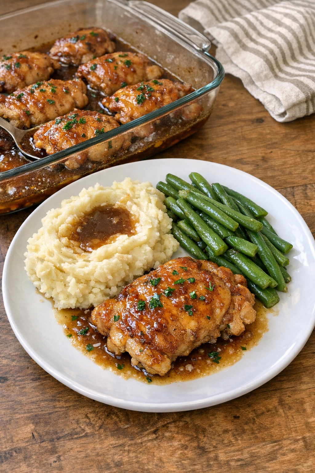 Baked chicken thighs in savory sauce in a glass baking dish