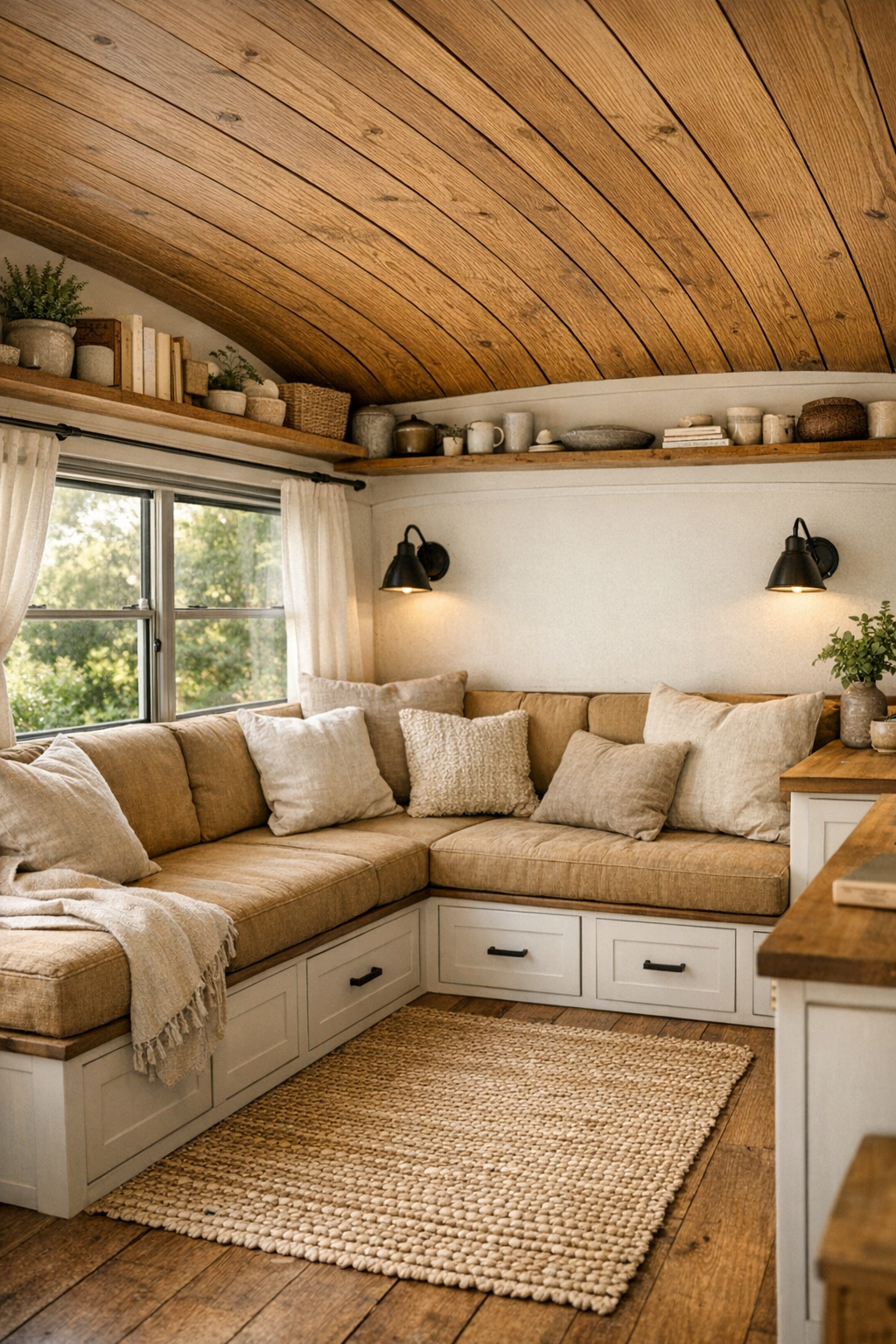 Rustic bus living room with built-in bench seating and warm wood ceiling