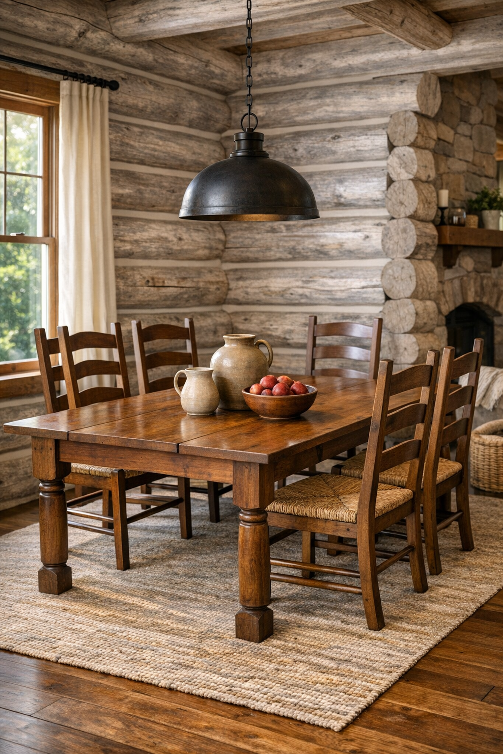 Dining room with solid wood table, ladder-back chairs, and warm rustic lighting