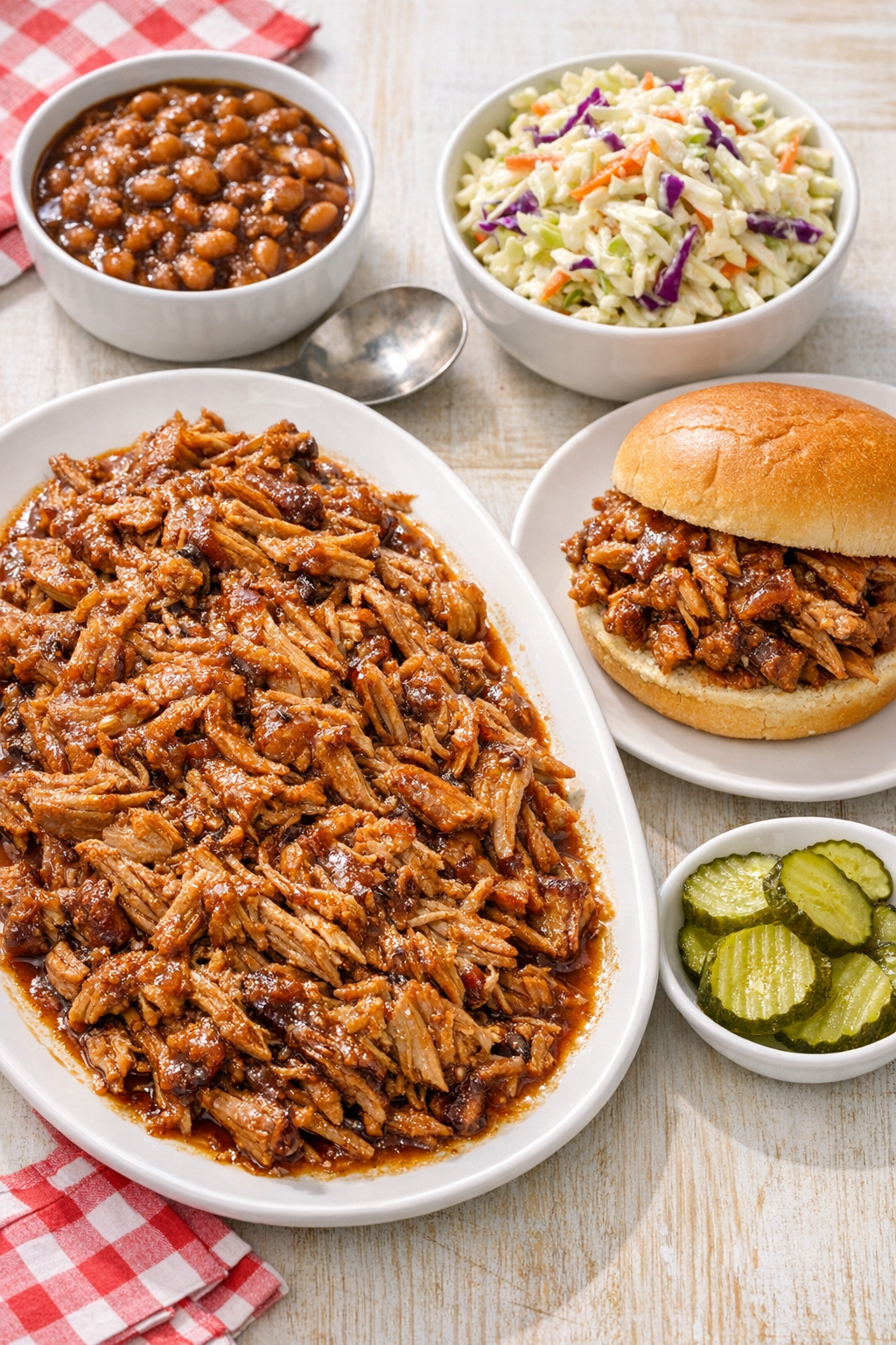 Finished shredded pork roast plated with cookout sides
