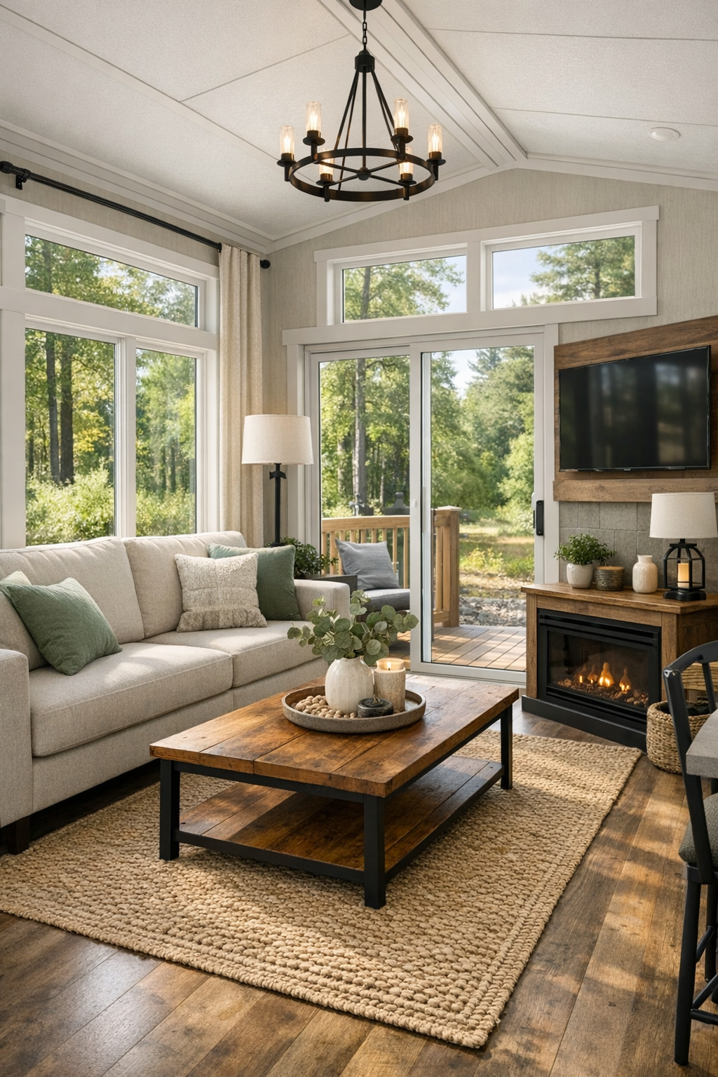 Bright modern RV living room with large picture windows and warm neutral furnishings