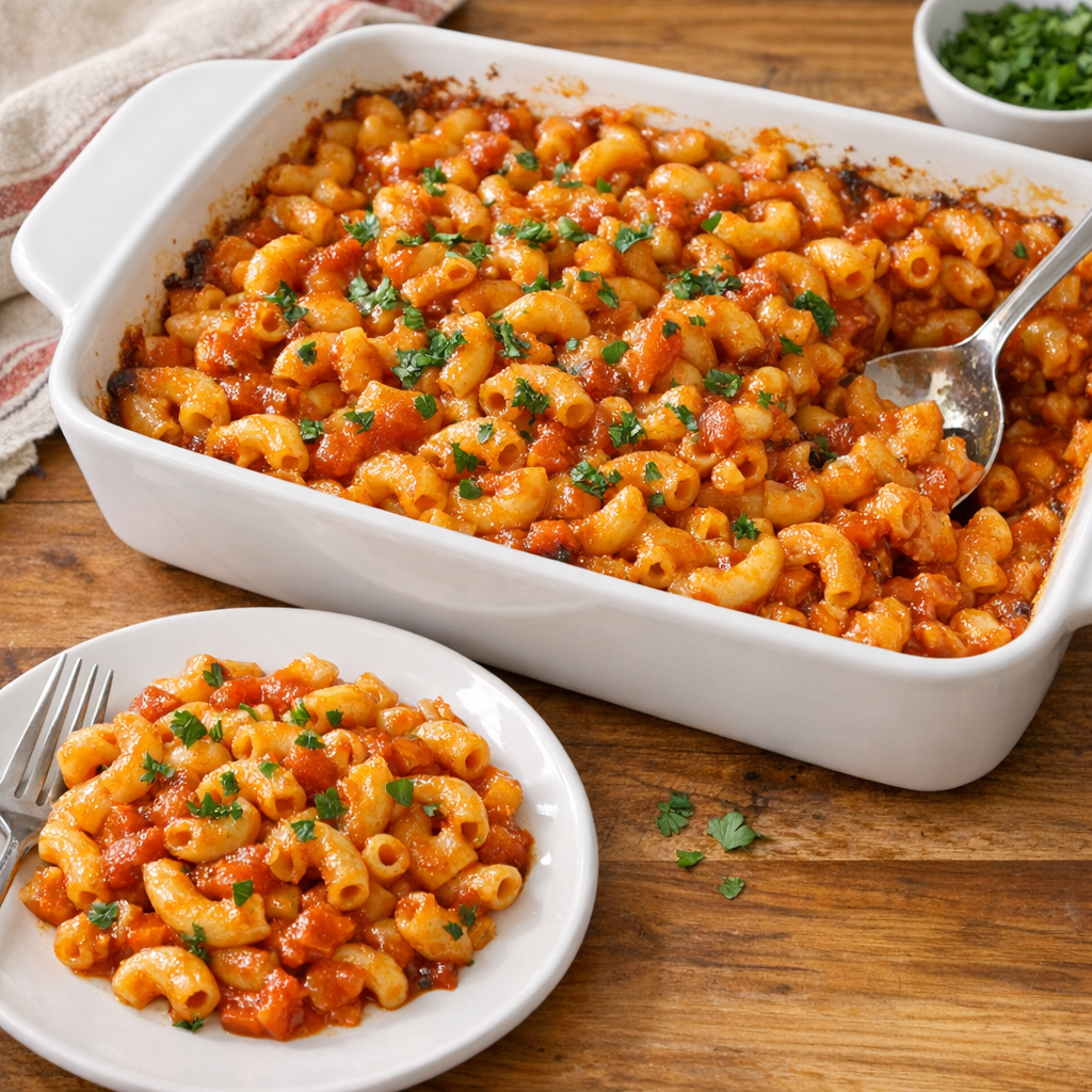 Finished baked Catalina macaroni casserole in a white baking dish