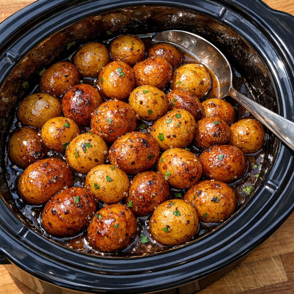 Finished caramelized baby potatoes served warm in a black slow cooker