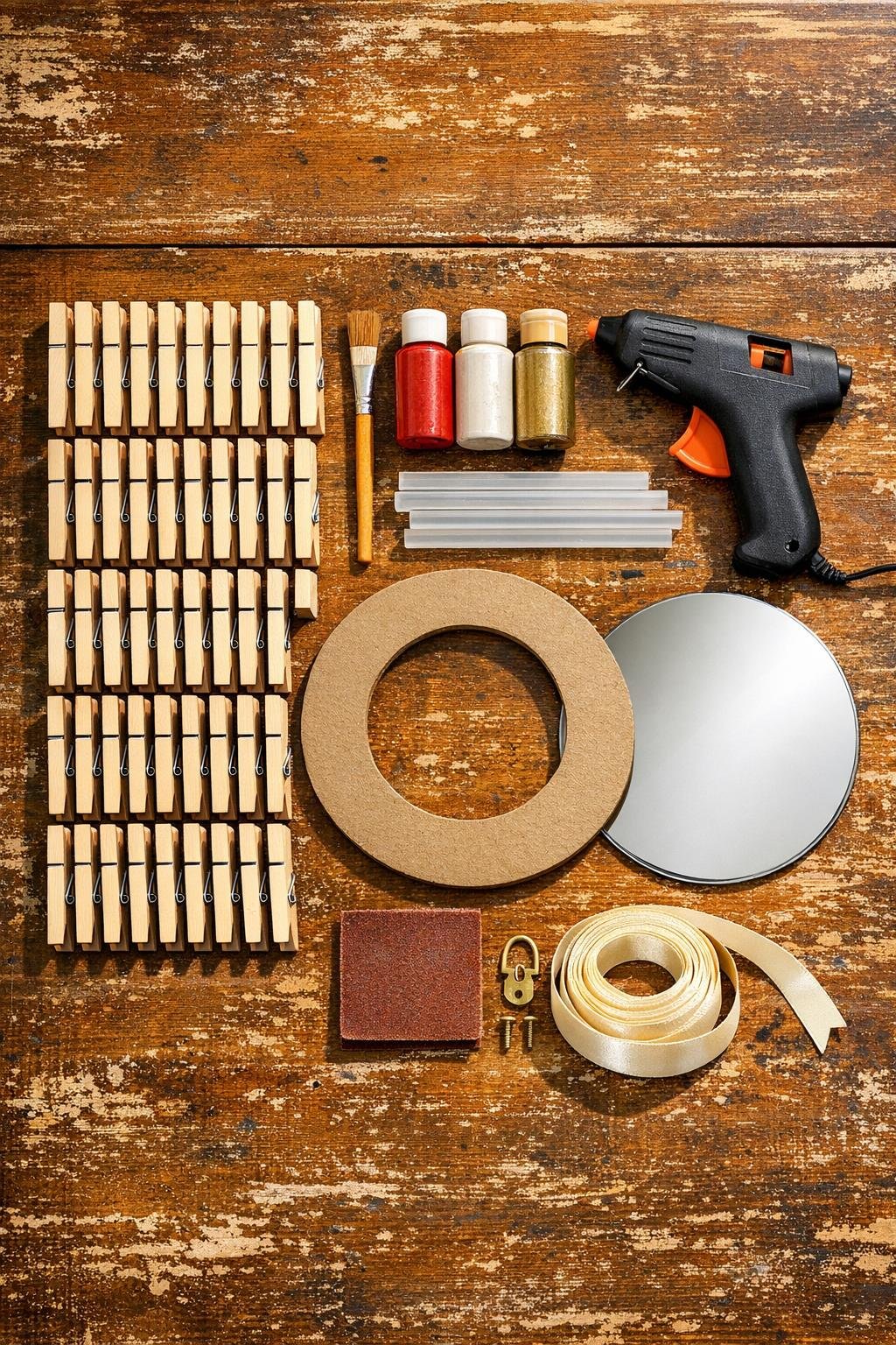 Dollar store clothespins, cardboard ring, mirror, paint, glue, and hanging supplies laid out on a table