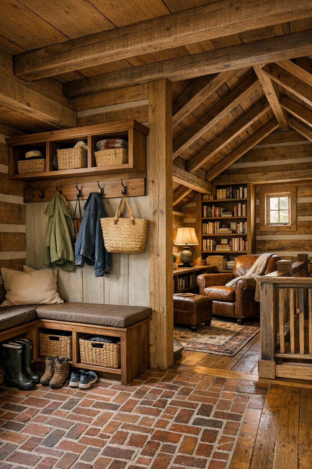 Mudroom and loft nook in a barn-converted log home with built-ins and rustic details