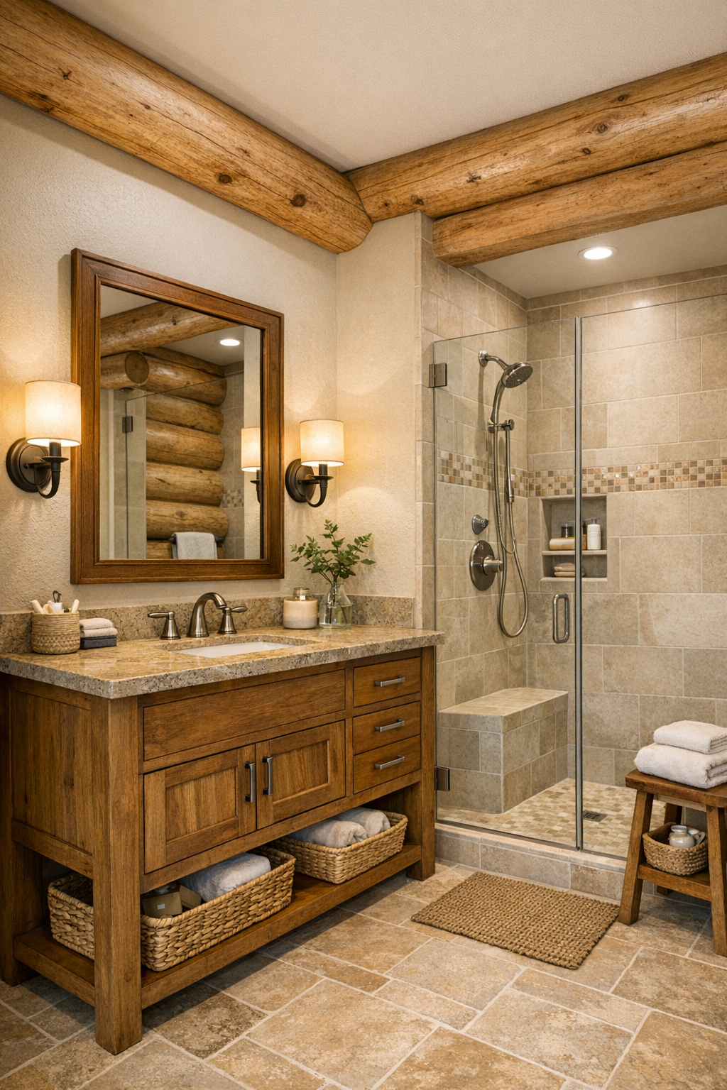 Refined rustic bathroom with wood vanity, stone countertop, and bright tiled shower