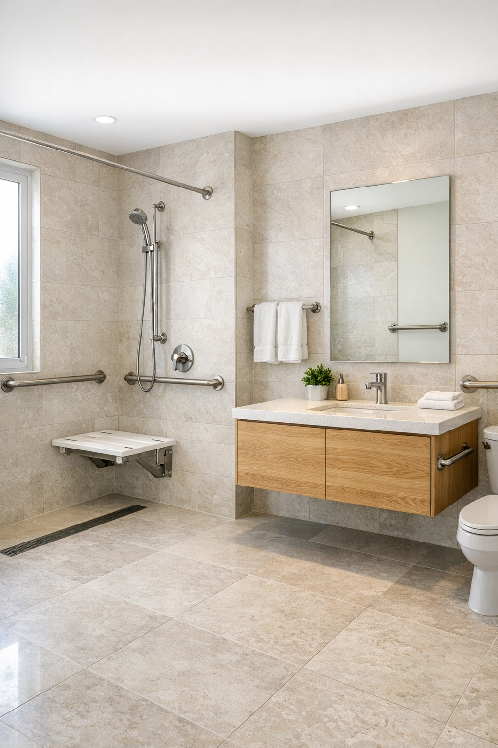 Curbless bathroom with pale stone-look tile, oak vanity, and bright soft lighting