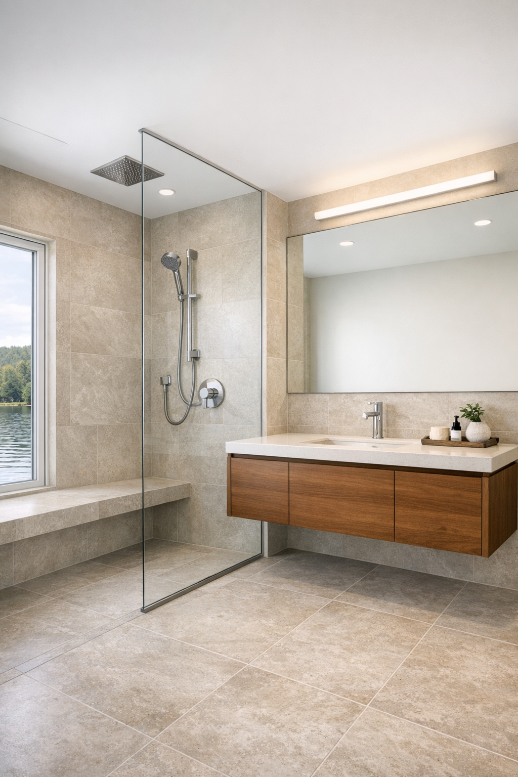 Modern accessible bathroom with curbless shower, warm wood vanity, and limestone-look tile