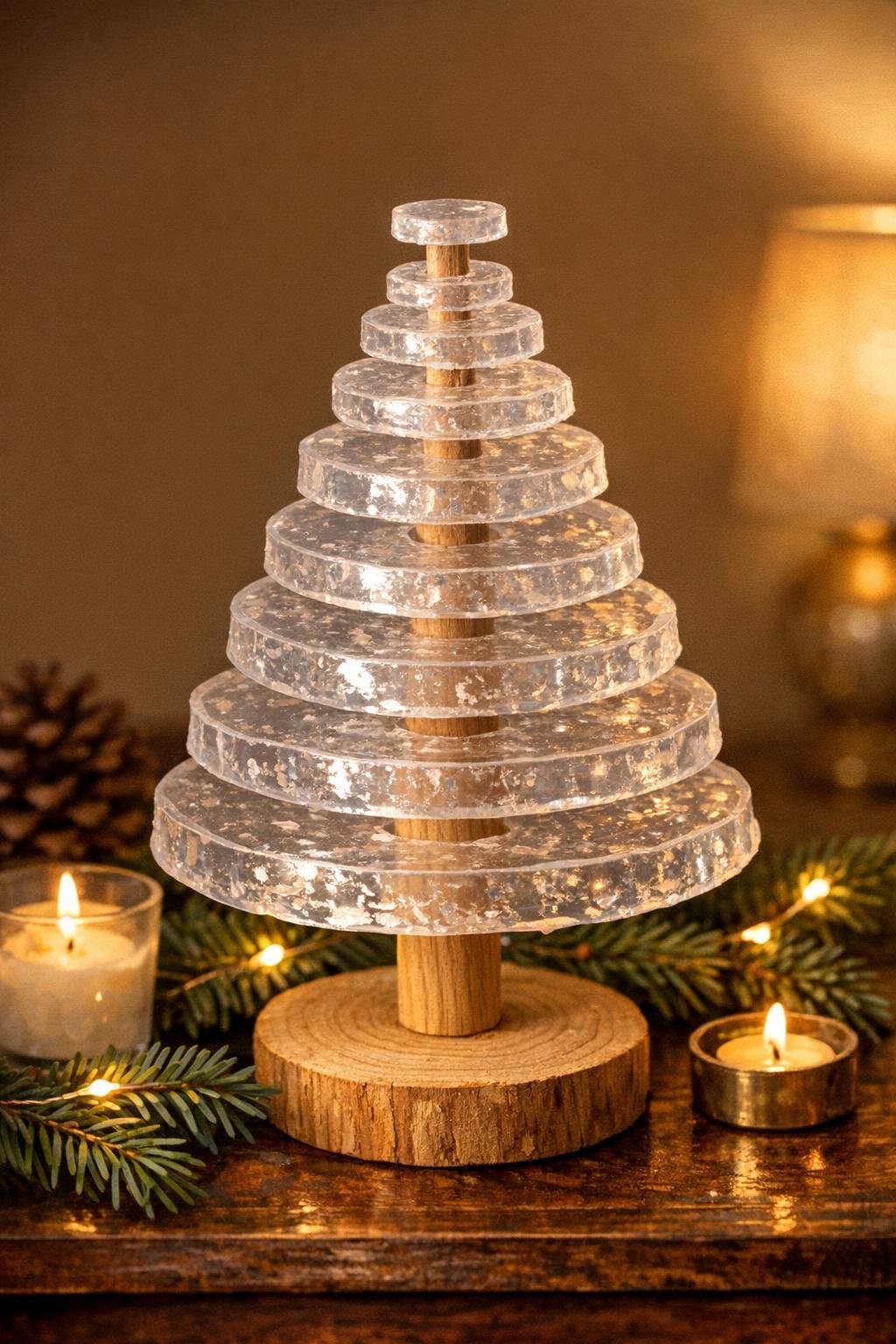 Finished crystal disc tabletop tree displayed on a holiday table
