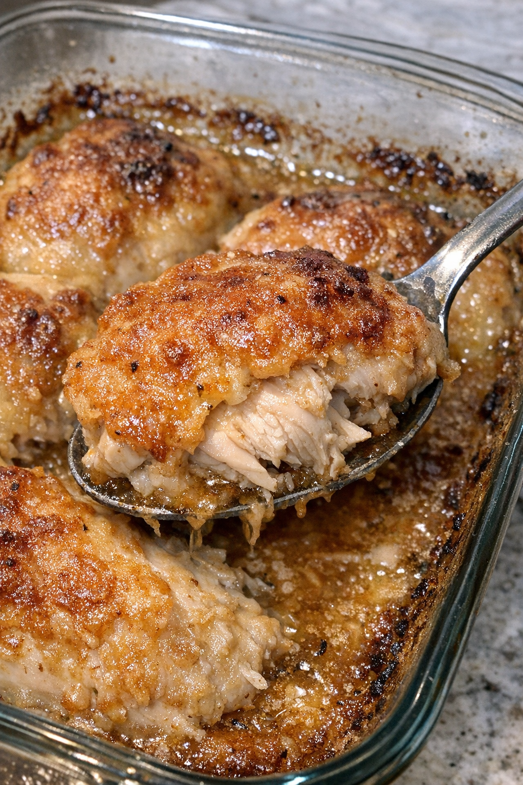 Baked chicken in a glass dish with golden crust