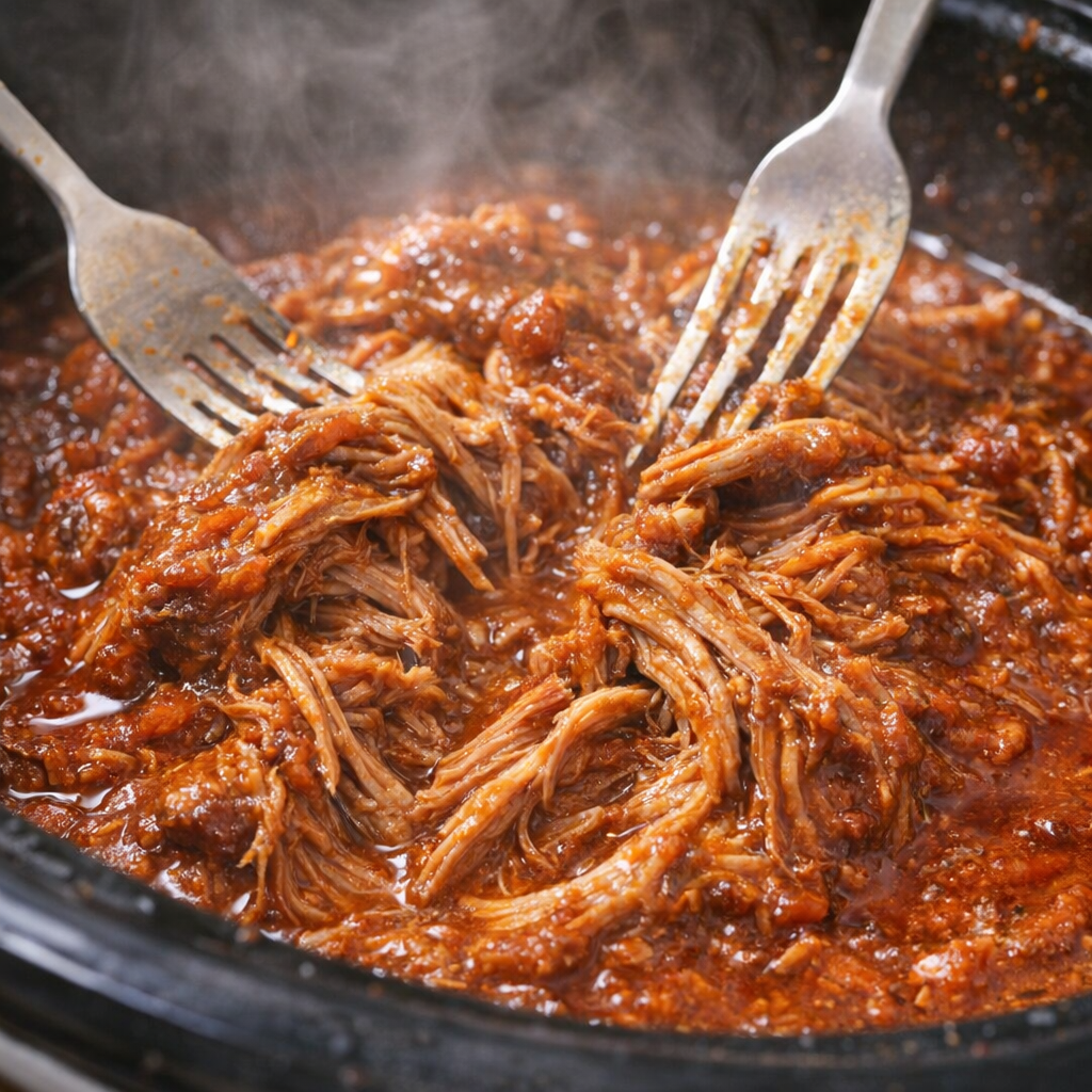Shredding buffalo ranch pork directly in the slow cooker