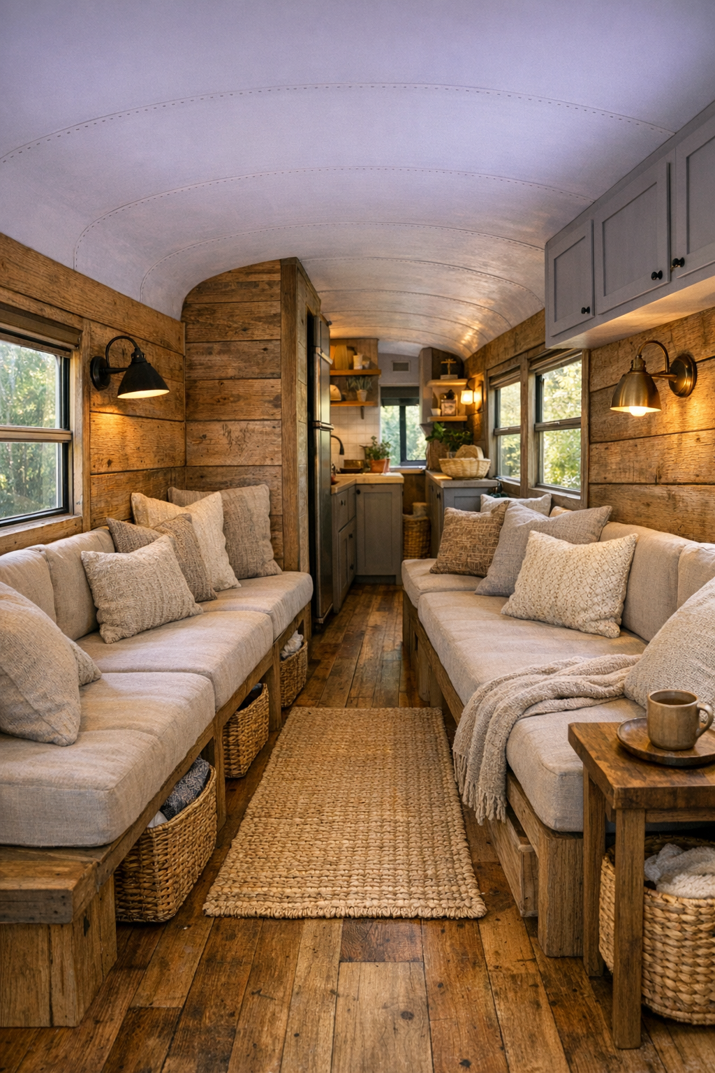 Living room inside the converted bus with cypress walls and soft neutral seating