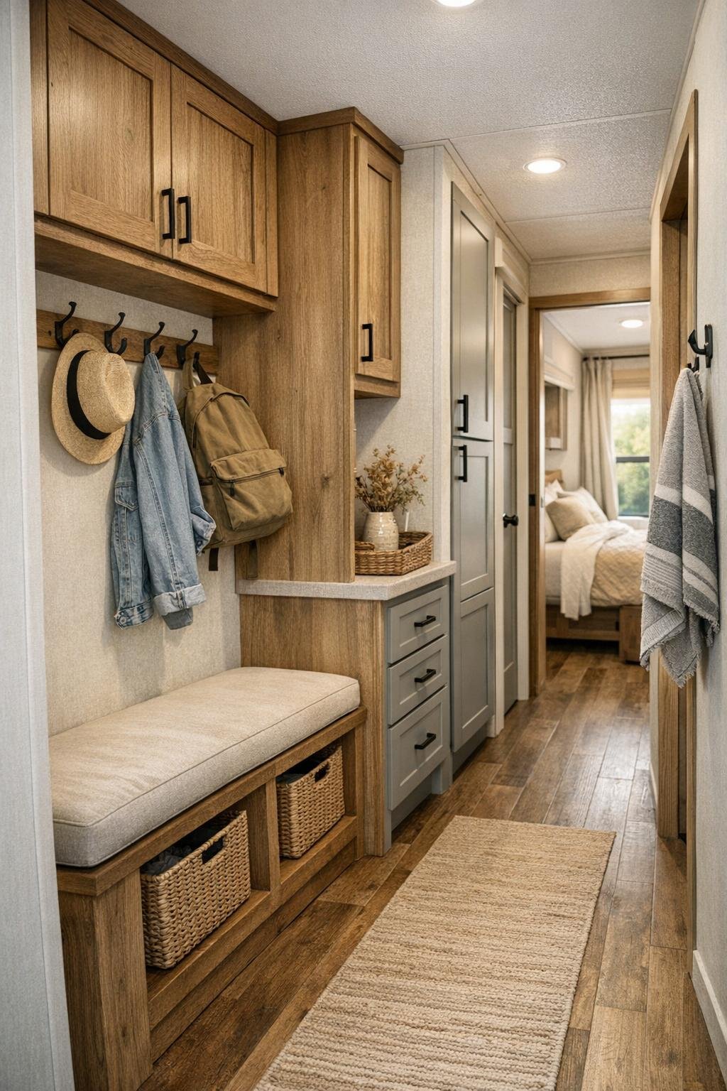 Thoughtful transition area with built-in storage, hooks, and cohesive finishes