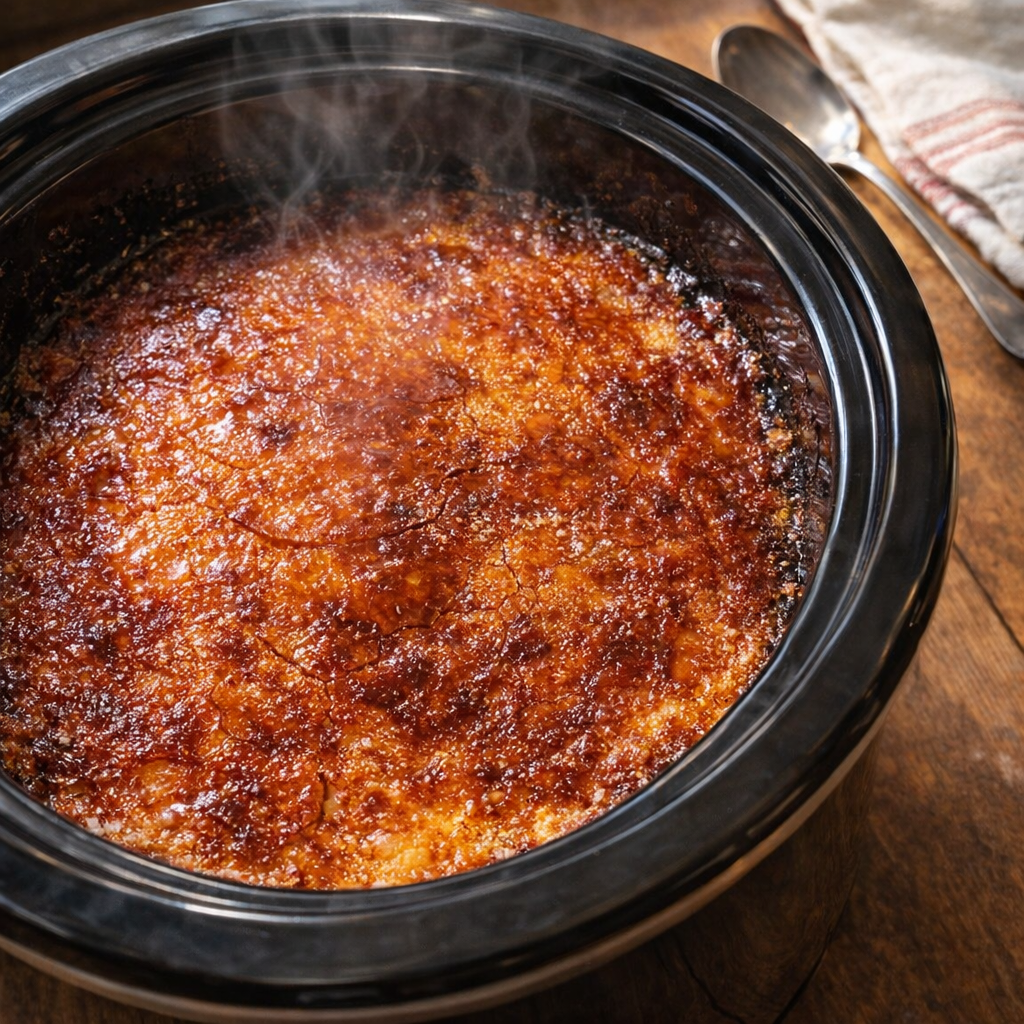 Slow cooker crème brûlée pudding cake with a caramelized top