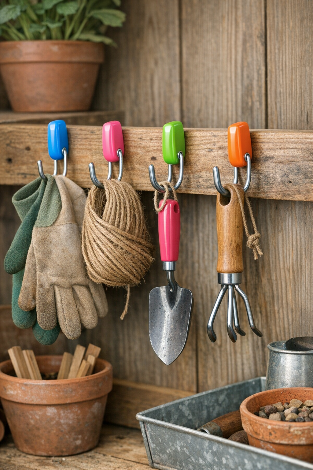 Finished toothbrush garden hooks holding garden supplies