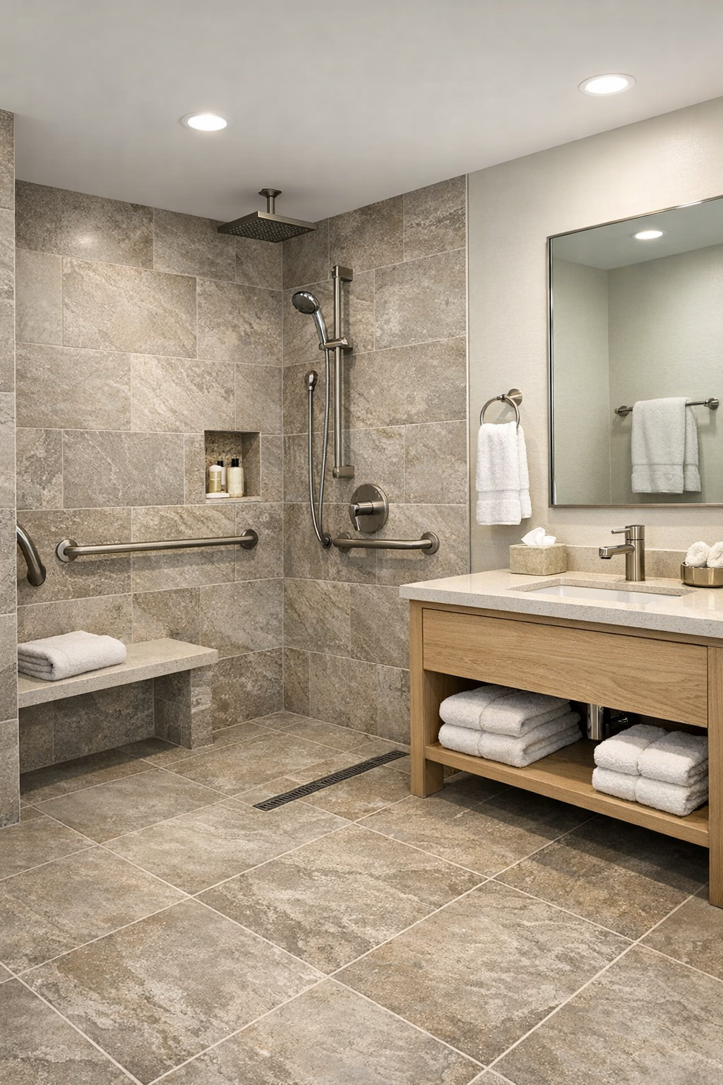 Curbless accessible bathroom with stone-look tile, pale wood vanity, and bright soft lighting