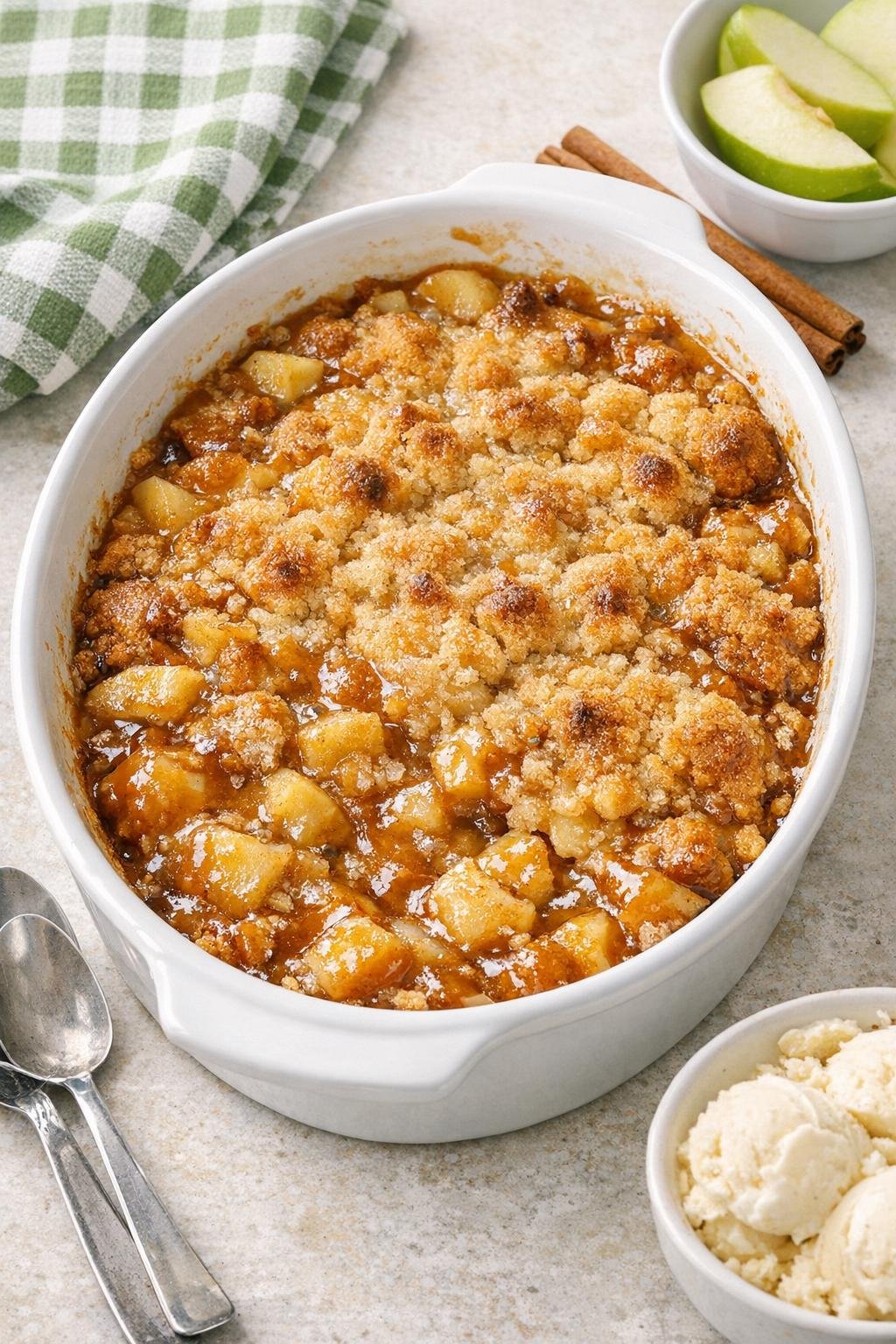 Finished baked caramel apple dessert in casserole dish