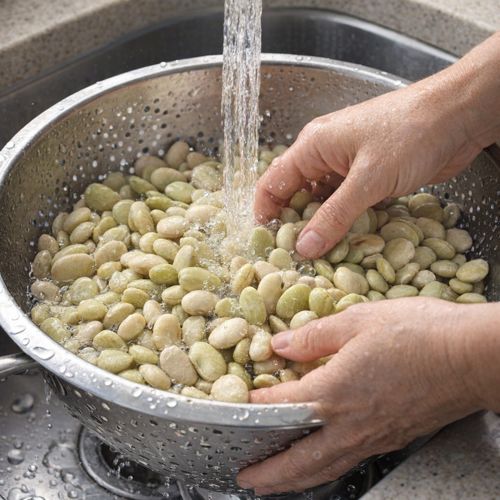 Close side-angle shot of dried lima beans being rinsed in a colander
