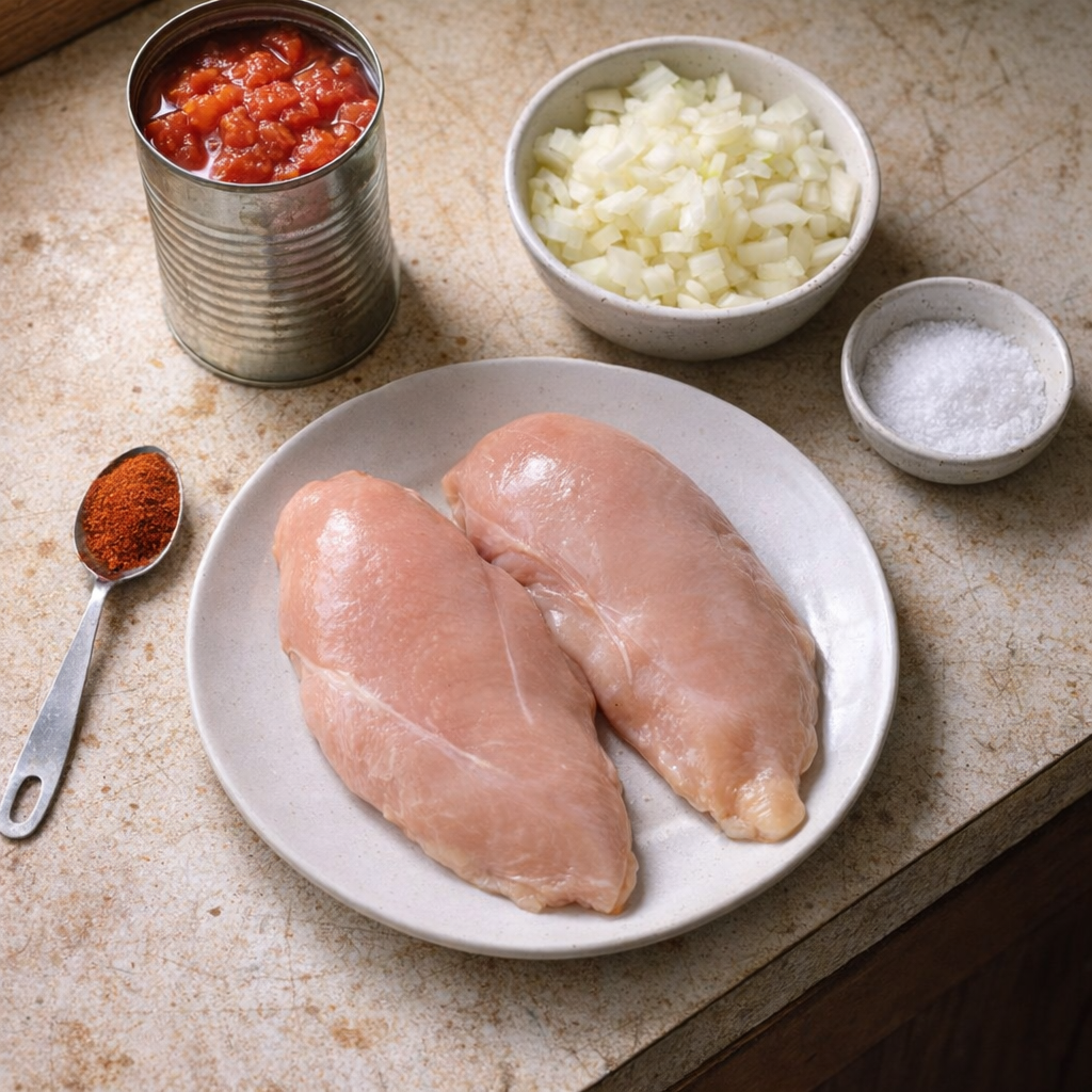 Slow cooker chicken goulash ingredients on a country kitchen counter