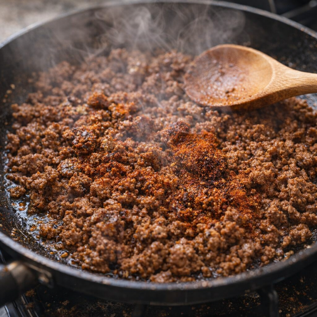Seasoned ground beef browning in a skillet