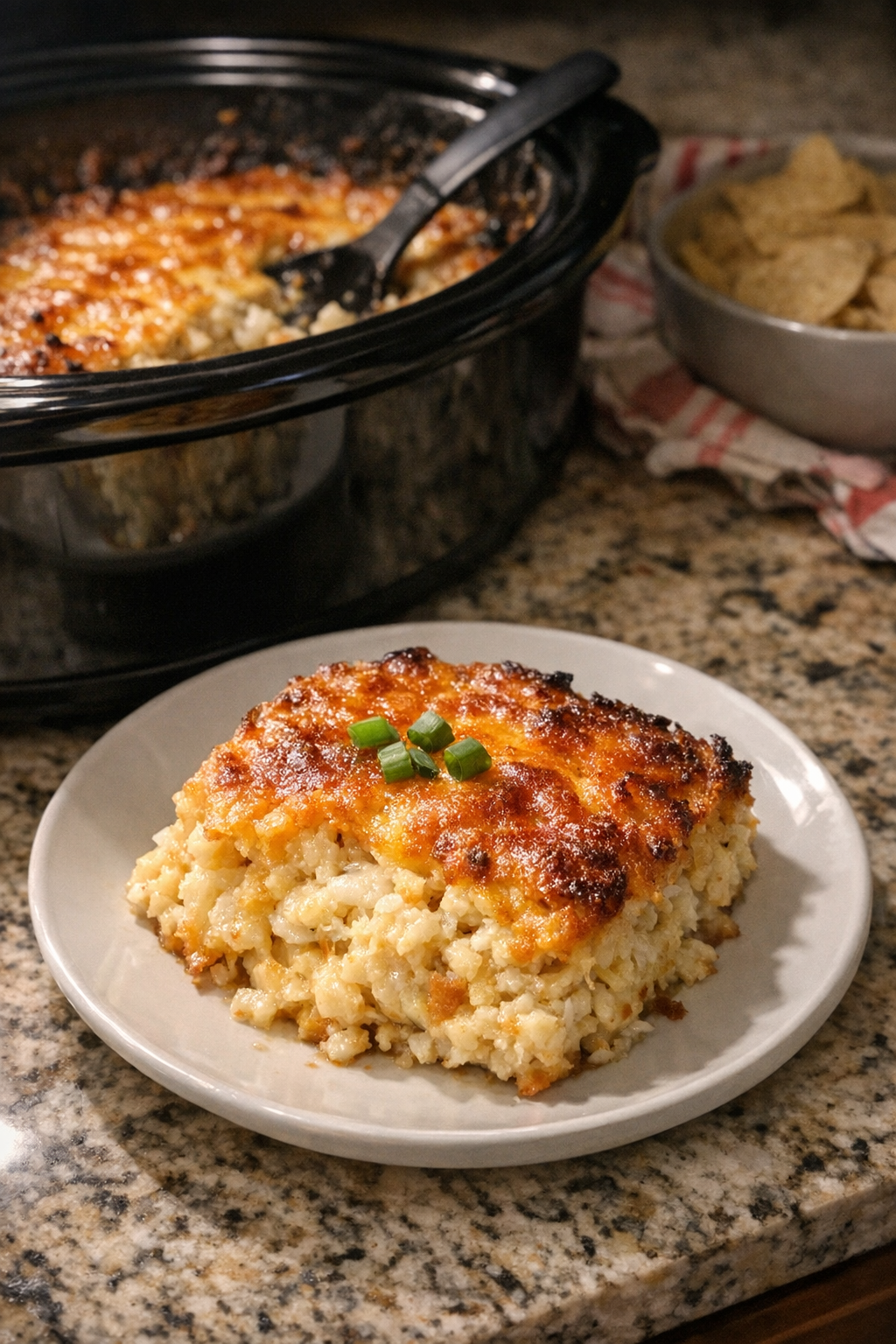Finished hash brown casserole plated from the slow cooker
